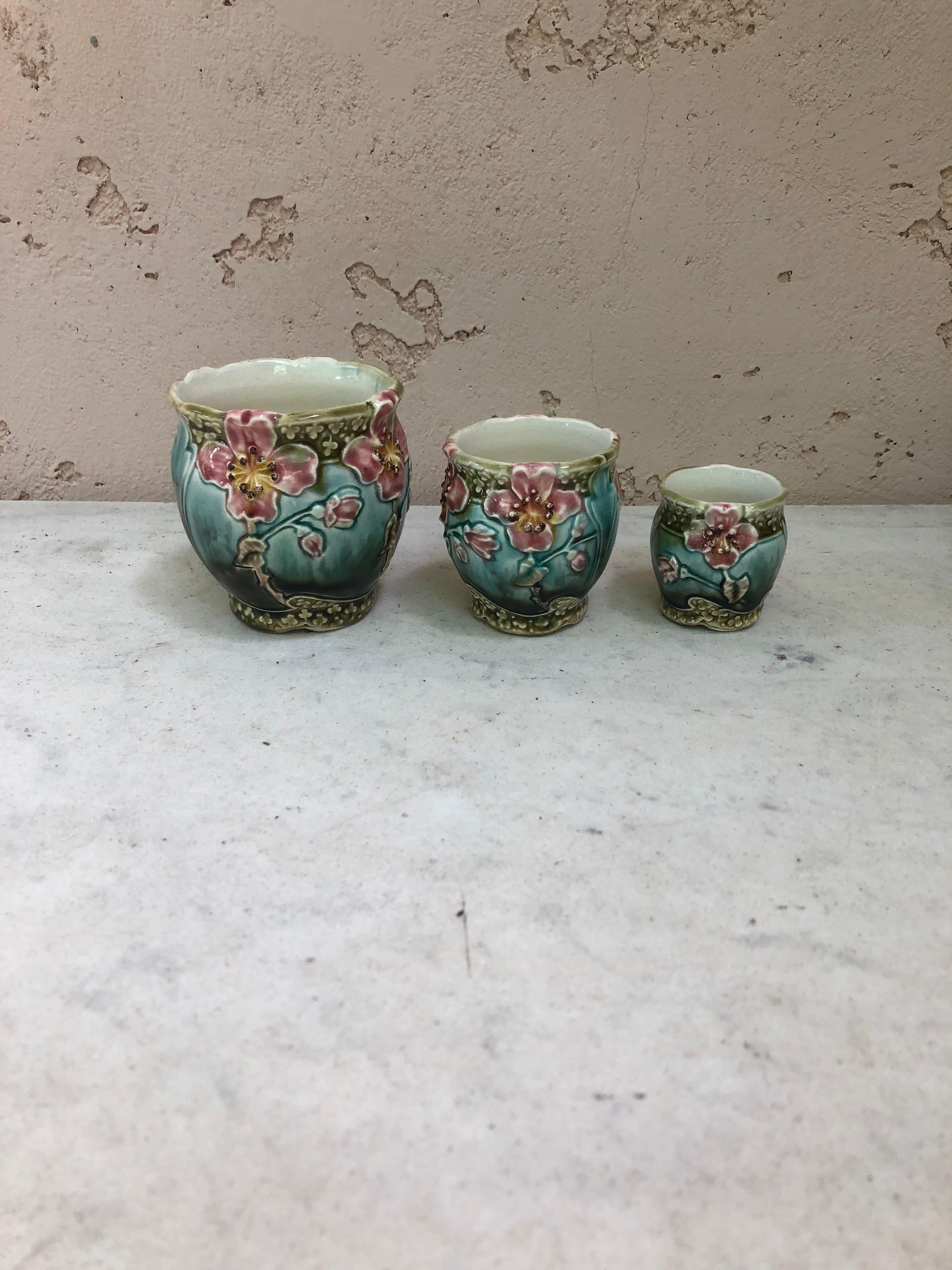 Art Nouveau Set of Three Majolica Pots with Flowers Fives Lille Circa 1890