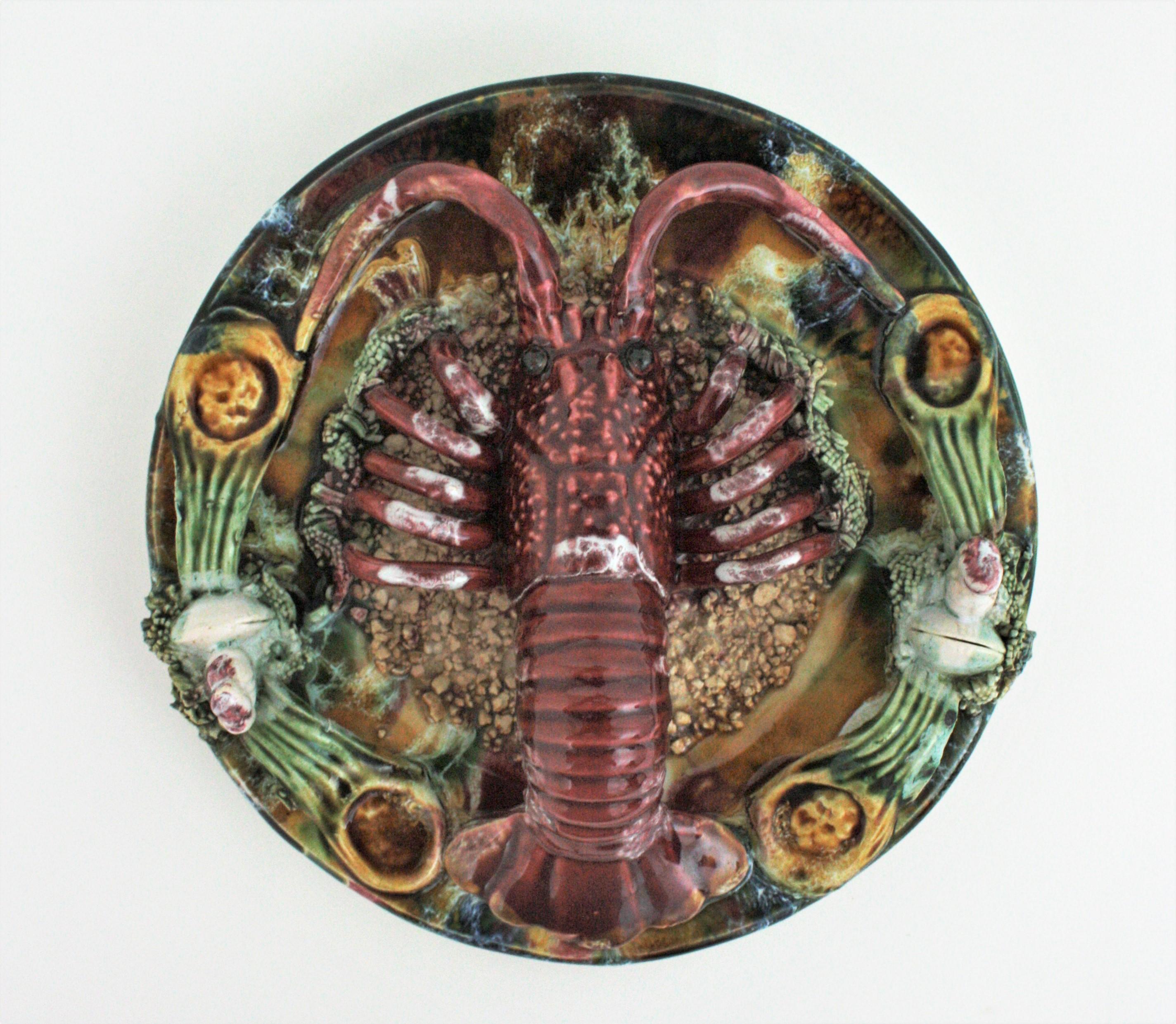 Trompe L'Oeil wall decoration / decorative wall plates, majolica, ceramic, Portugal, 1940s-1950s
A colorful wall composition comprised by three Majolica glazed ceramic wall plates with seafood trompe l'oeil decorations. 
Such a realistic