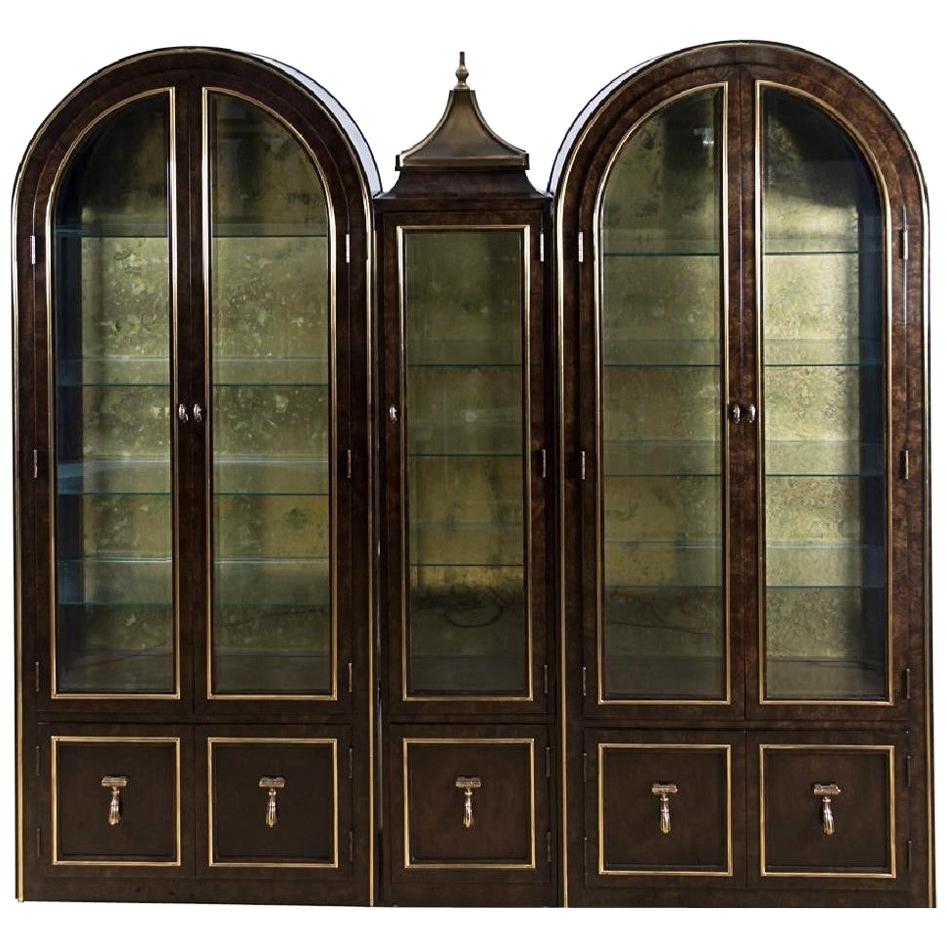 Set of Three Mastercraft Burled Wood & Brass Vitrine Cabinets by William Doezema
