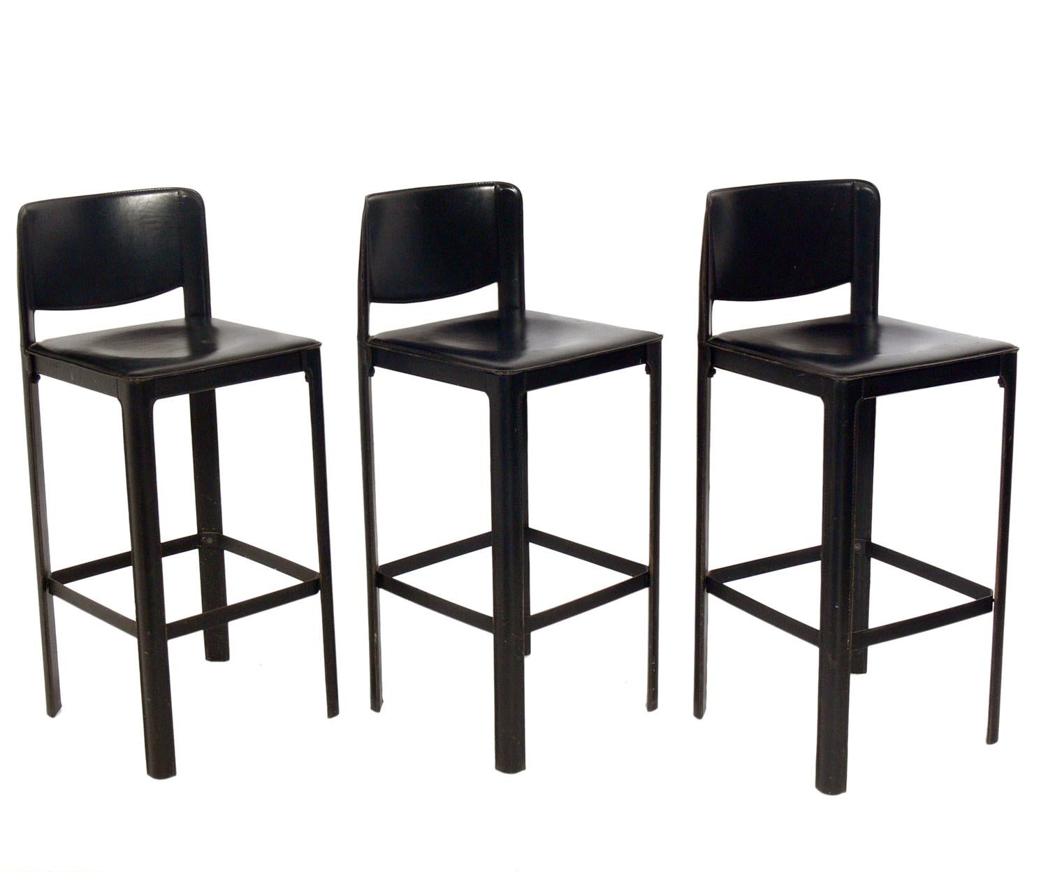 Set of three Matteo Grassi Italian leather bar stools, circa 1980s.