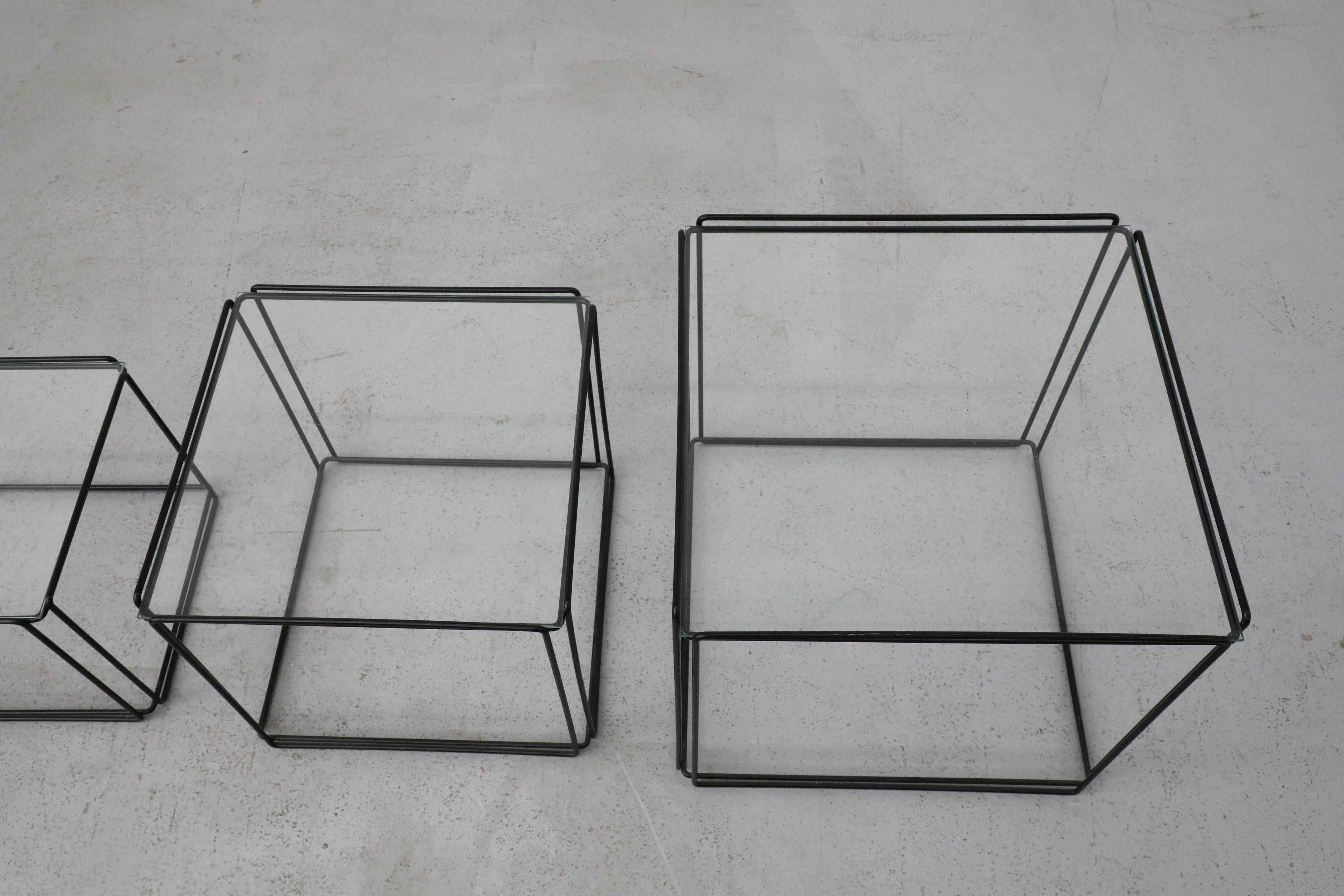 Glass Set of Three Max Sauze 'Isocele' Black Framed Nesting Tables for Atrow For Sale