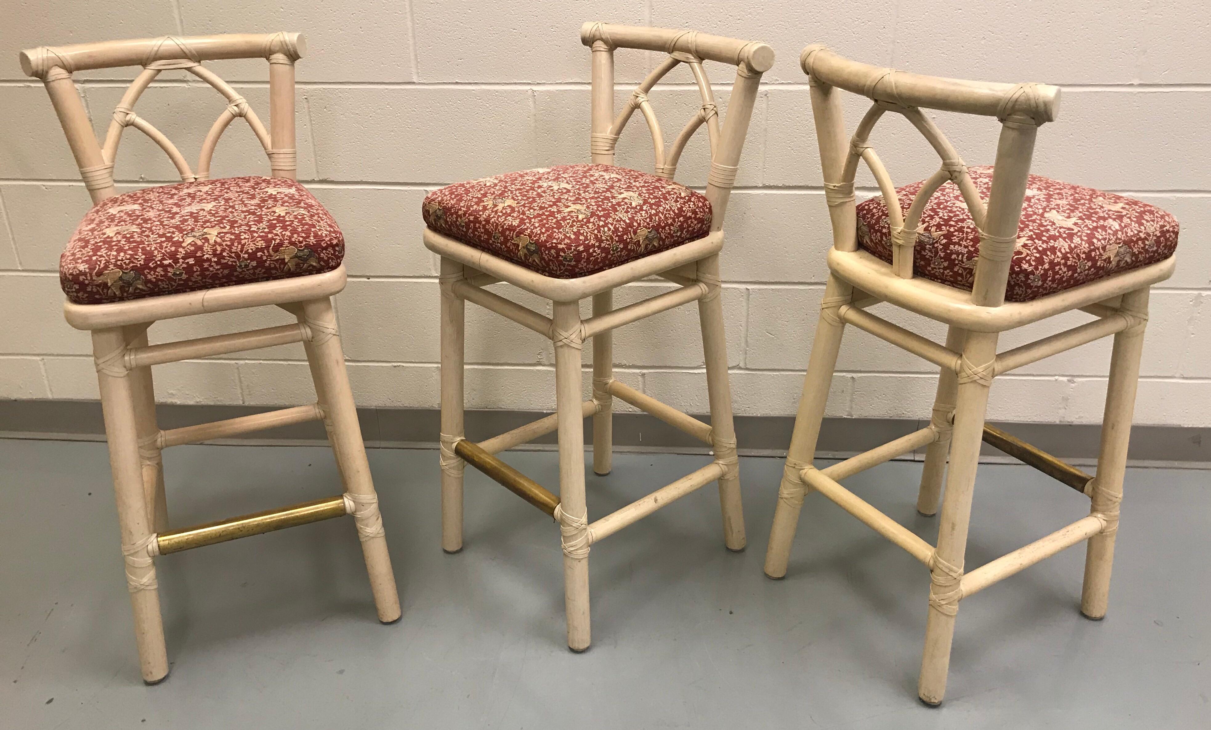 Brass Set of Three McGuire Bar or Counter Stools