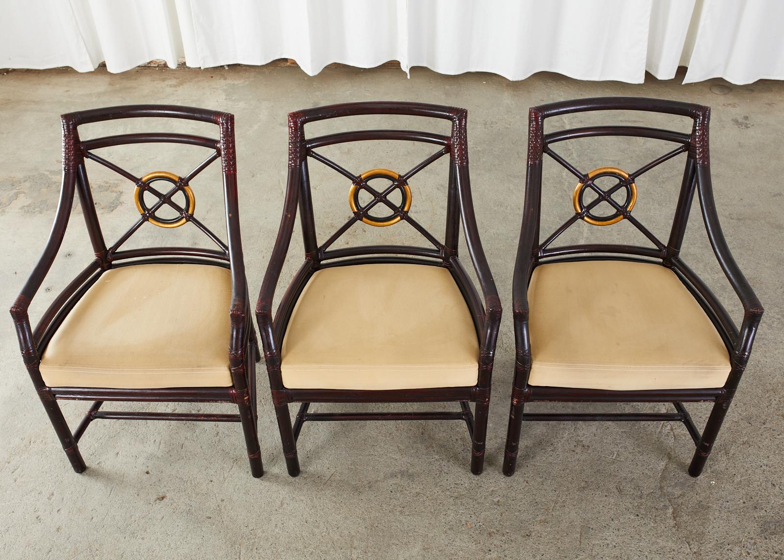 American Set of Three McGuire Lacquered Target Dining Armchairs