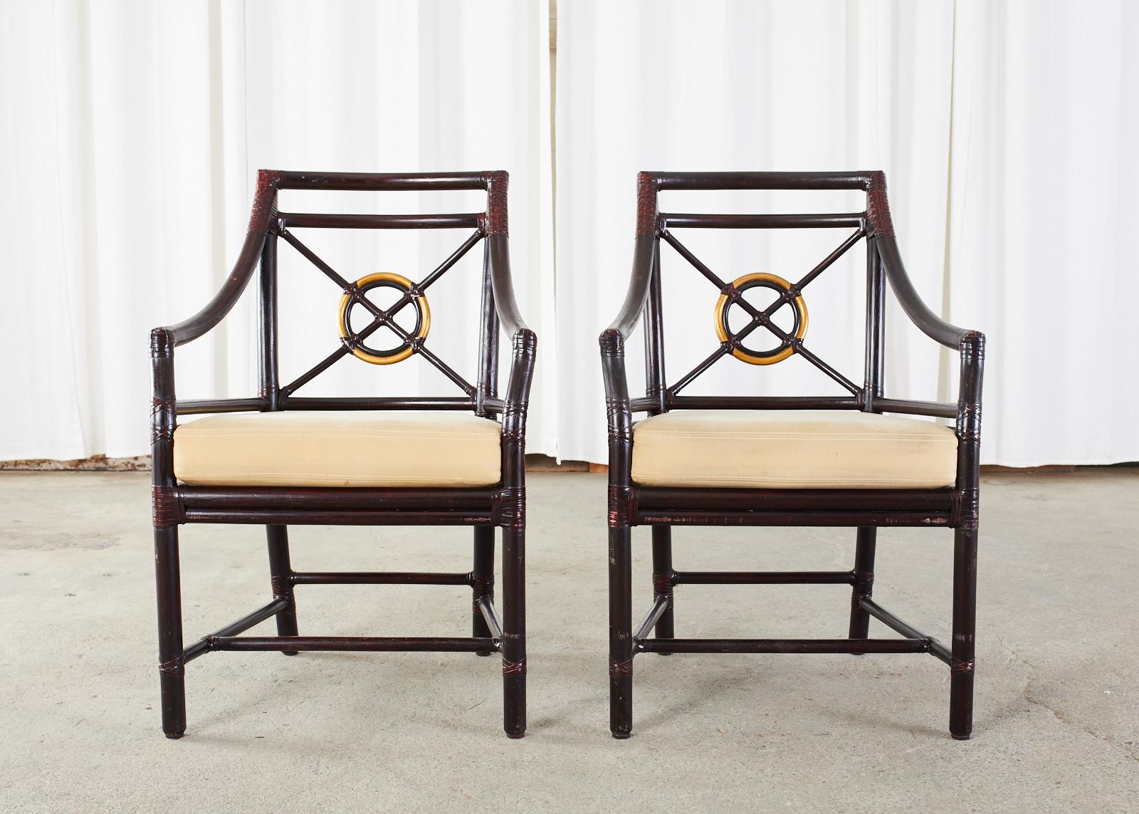 Set of Three McGuire Lacquered Target Dining Armchairs In Good Condition In Rio Vista, CA