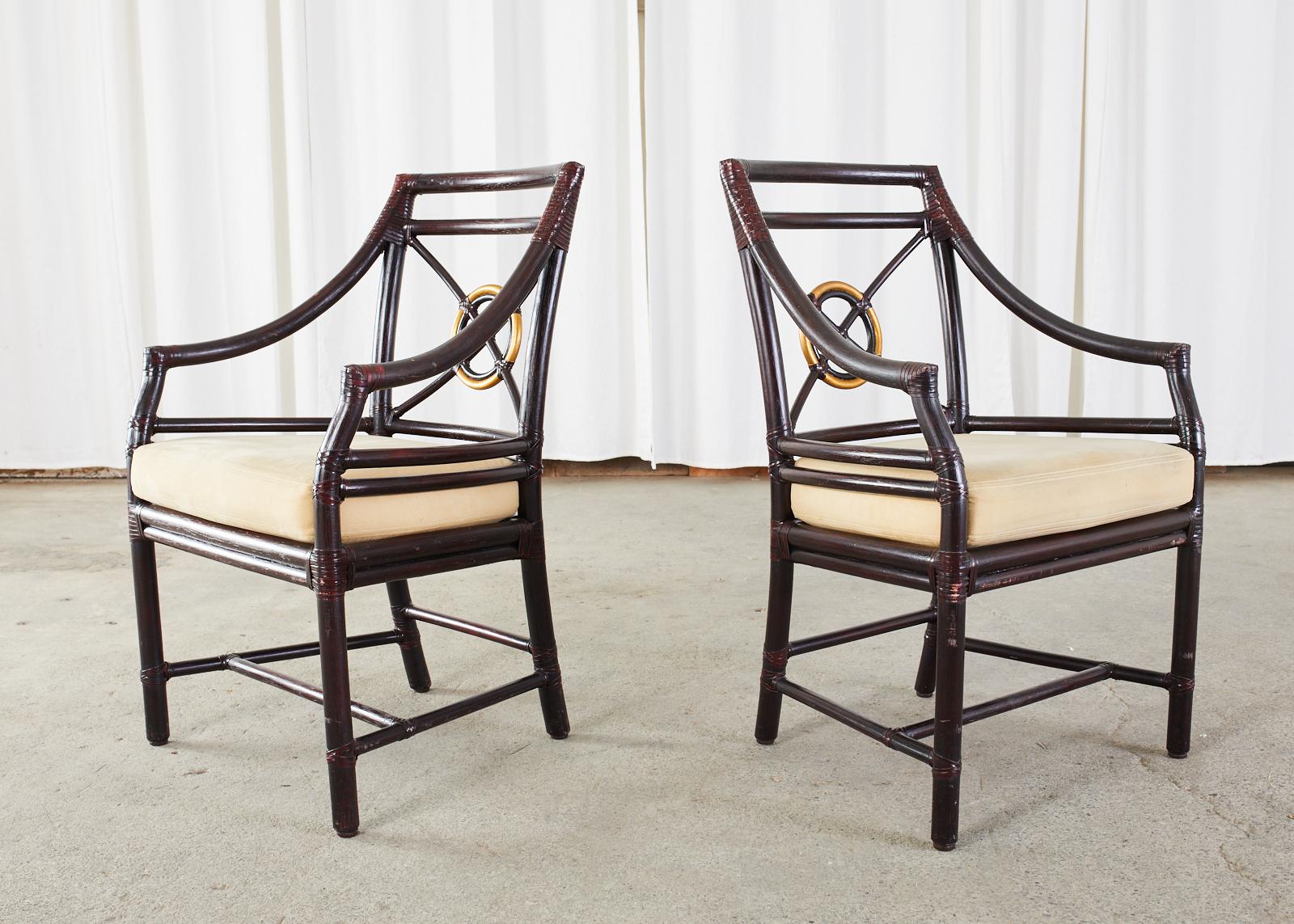 Rattan Set of Three McGuire Lacquered Target Dining Armchairs