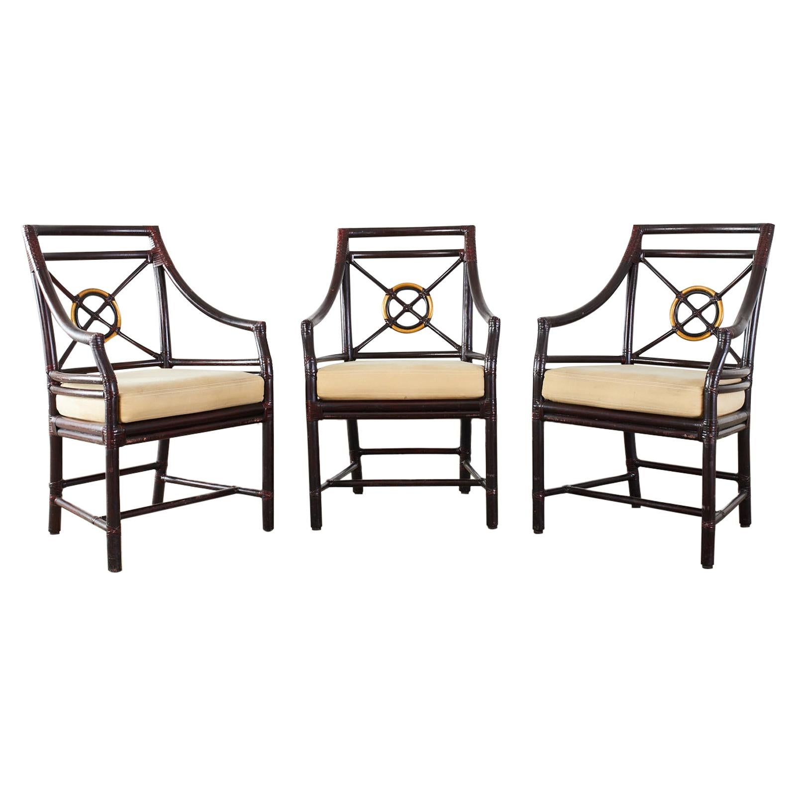 Set of Three McGuire Lacquered Target Dining Armchairs