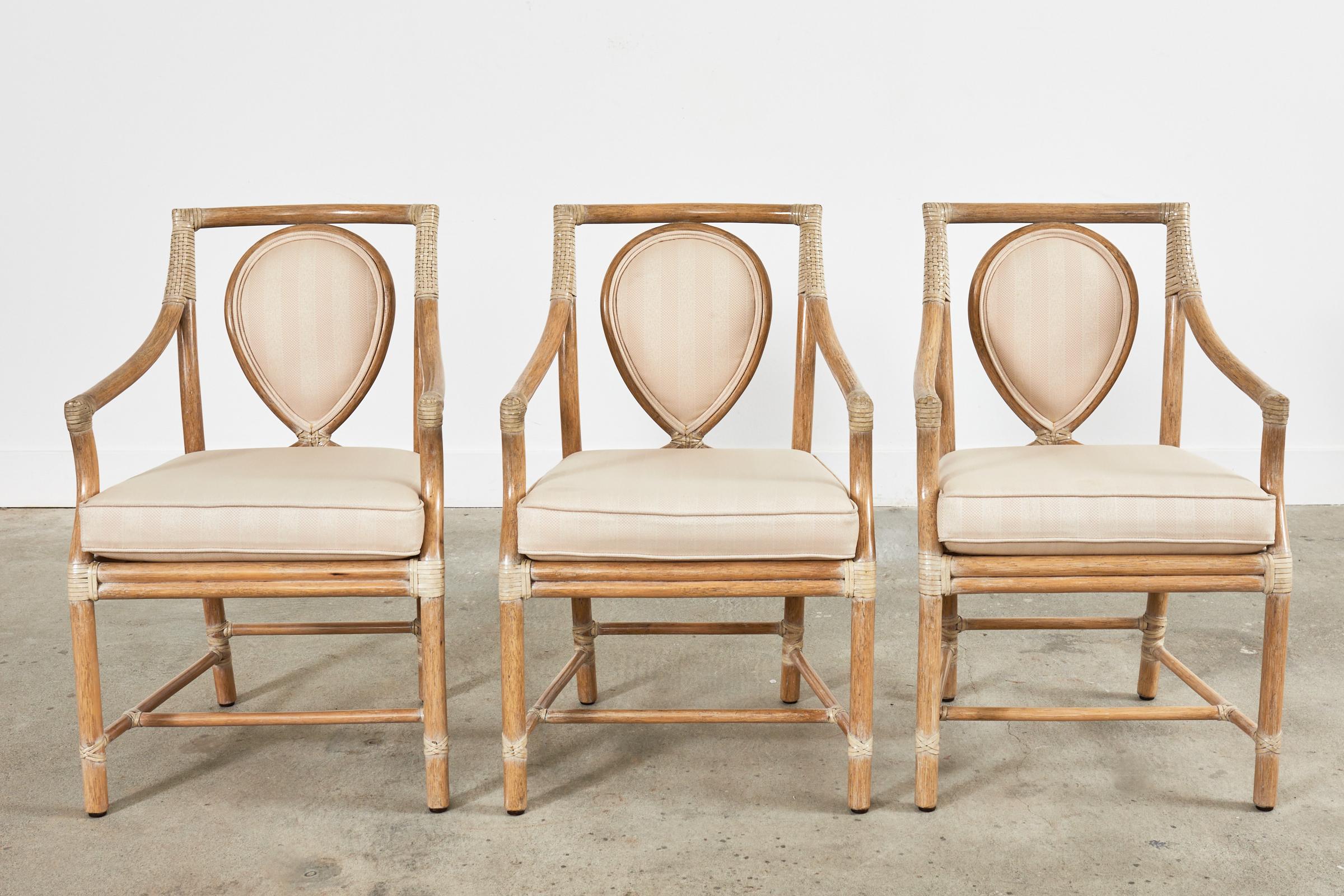 Organic Modern Set of Three McGuire Rattan Leona Loop Back Dining Armchairs For Sale