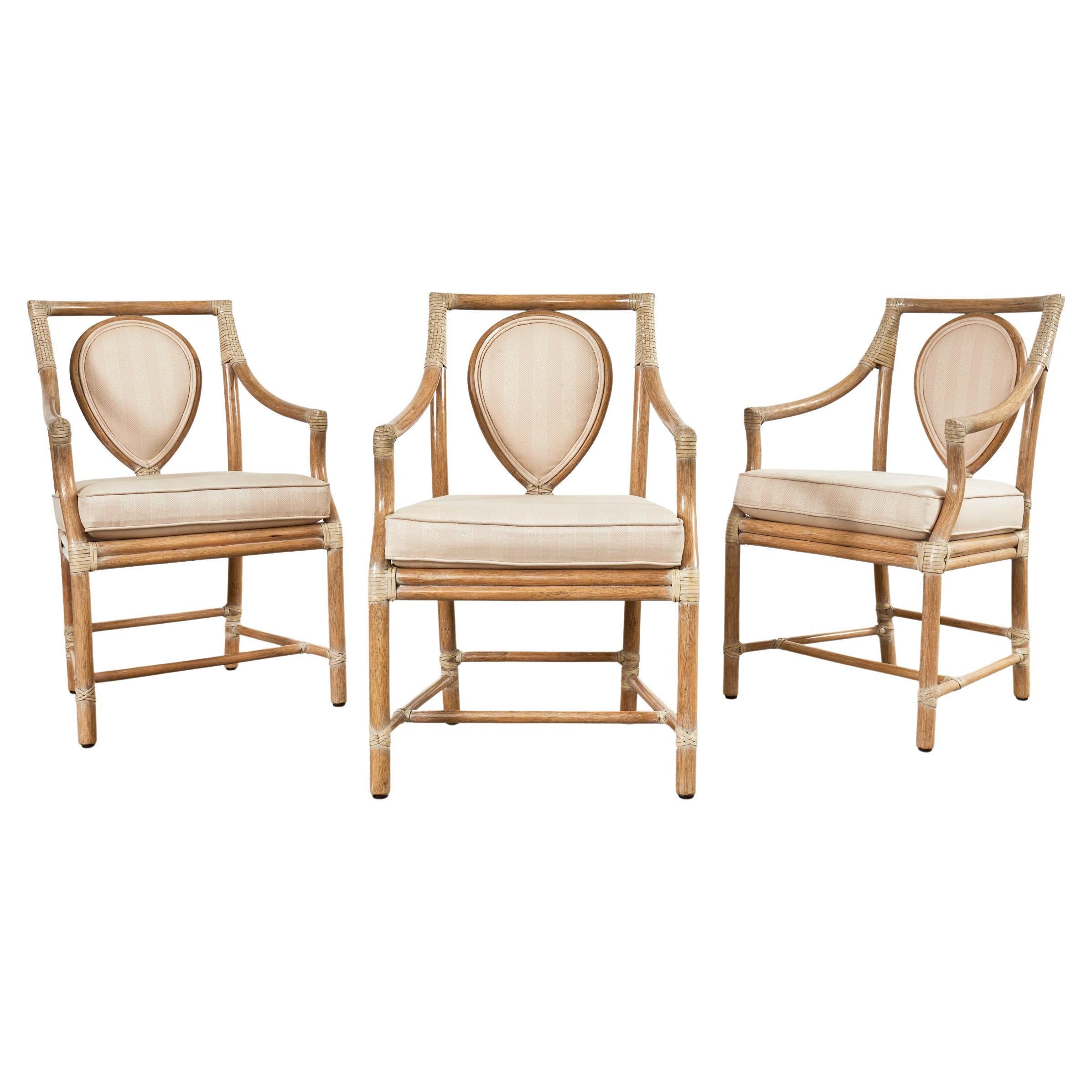 Set of Three McGuire Rattan Leona Loop Back Dining Armchairs For Sale