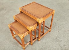 Set of Three McGuire Rattan Raffia Grasscloth Nesting Tables