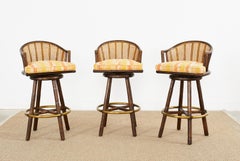 Set of Three McGuire Rattan Swivel Bar Height Stools