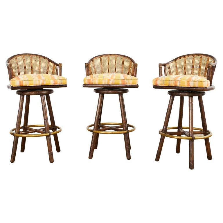 Set of Three McGuire Rattan Swivel Bar Height Stools at 1stDibs