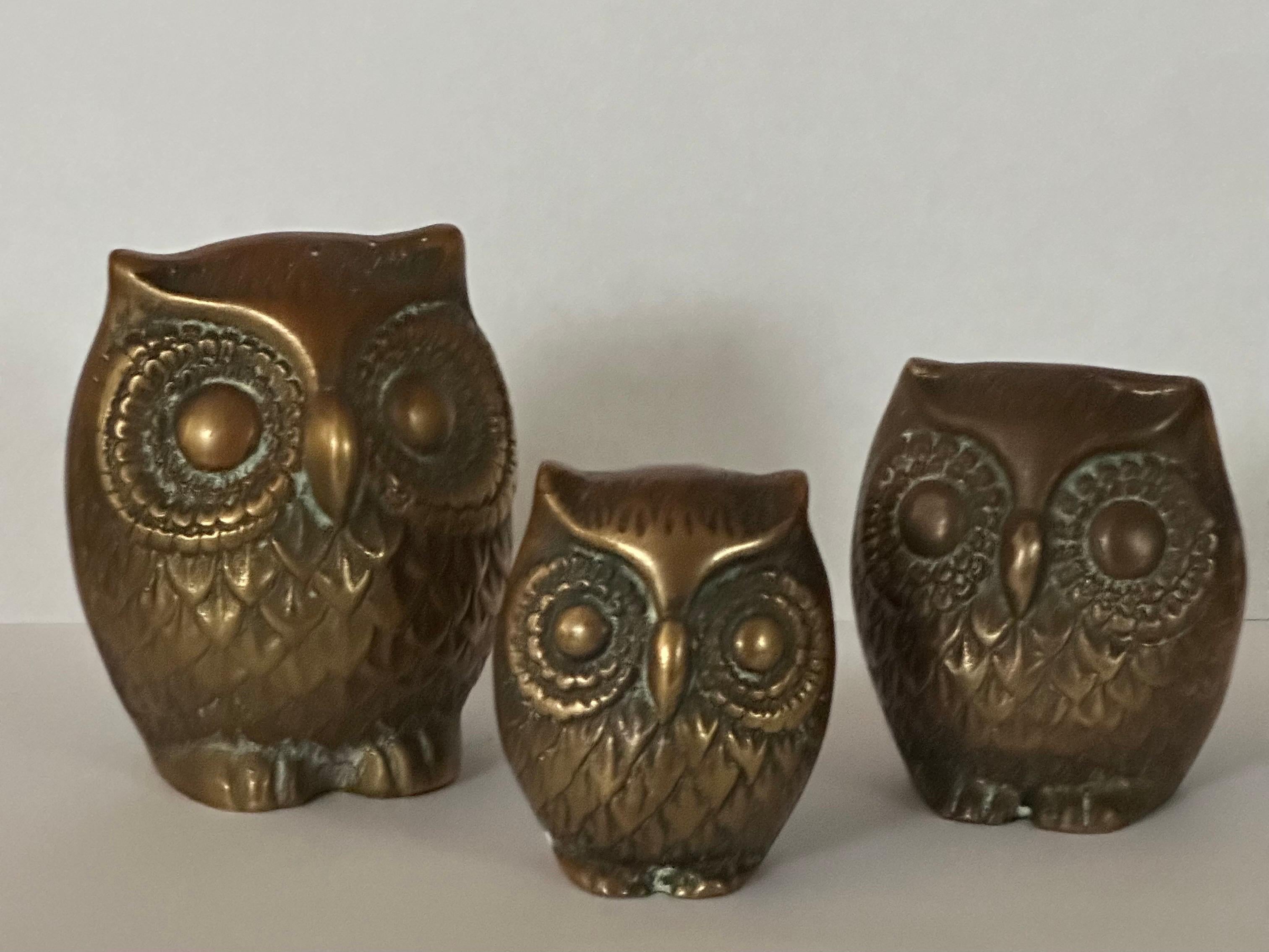 Set of Three MCM Brass Owl Sculptures 6