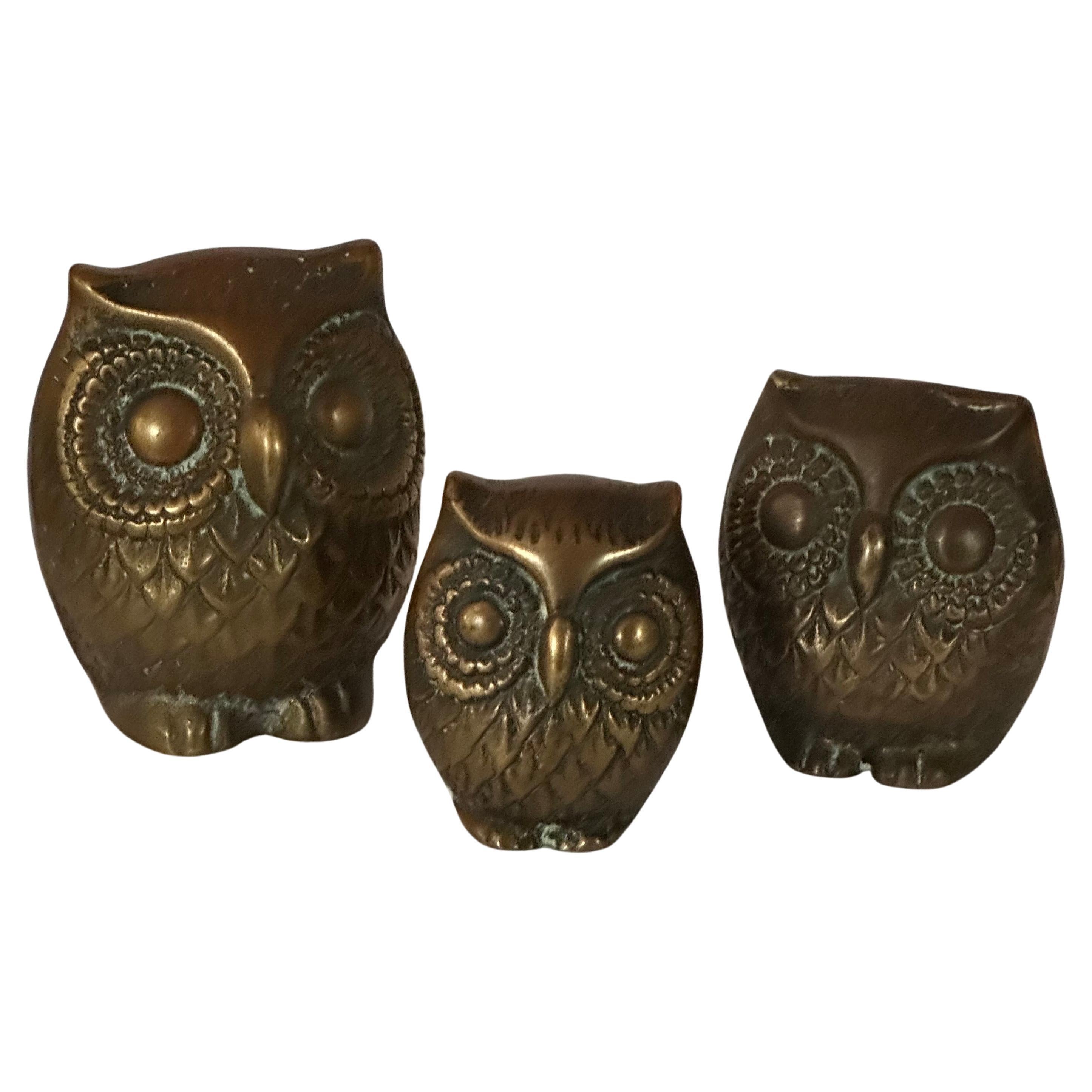 Set of Three MCM Brass Owl Sculptures 7