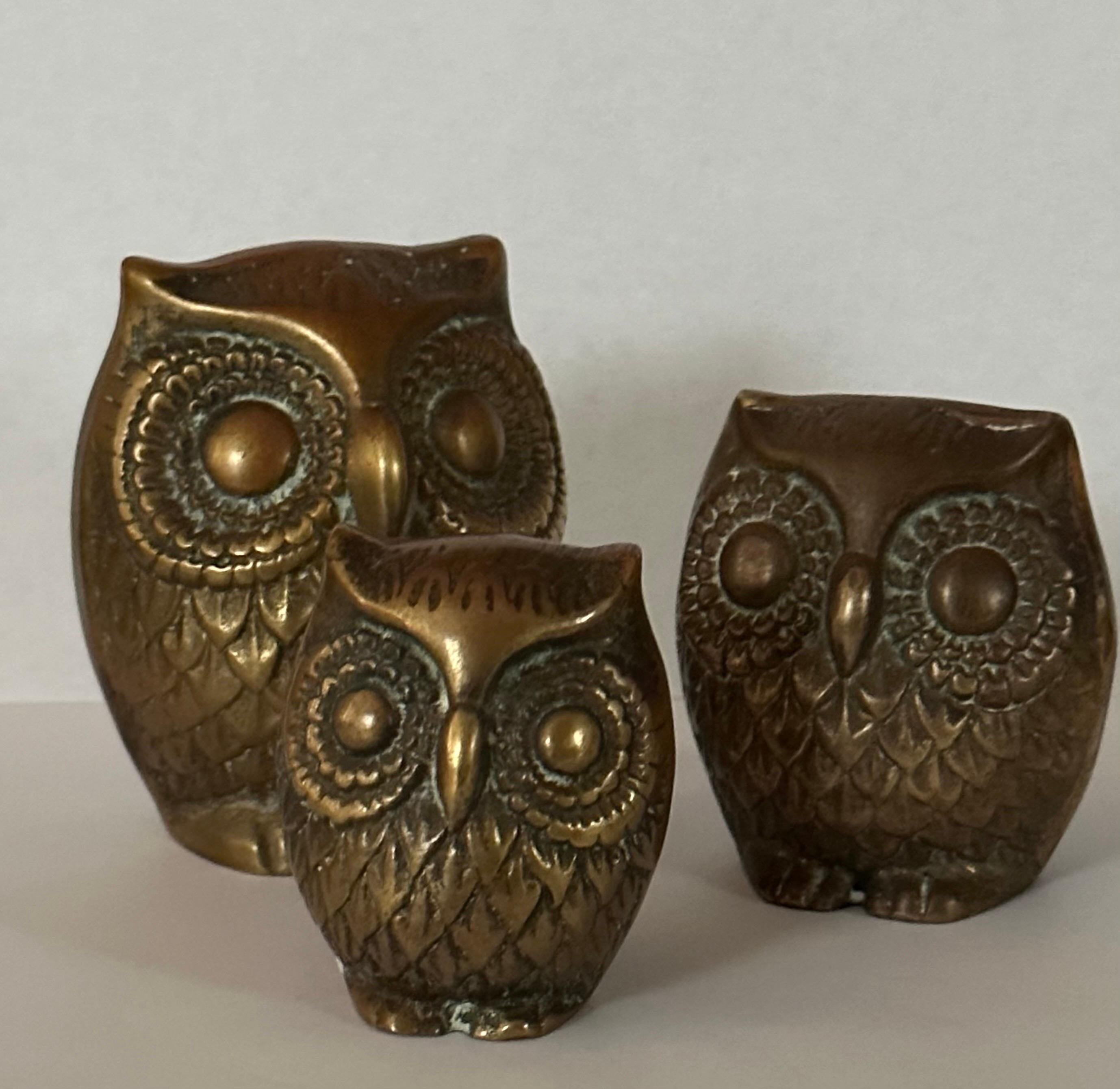 Set of Three MCM Brass Owl Sculptures In Good Condition In San Diego, CA