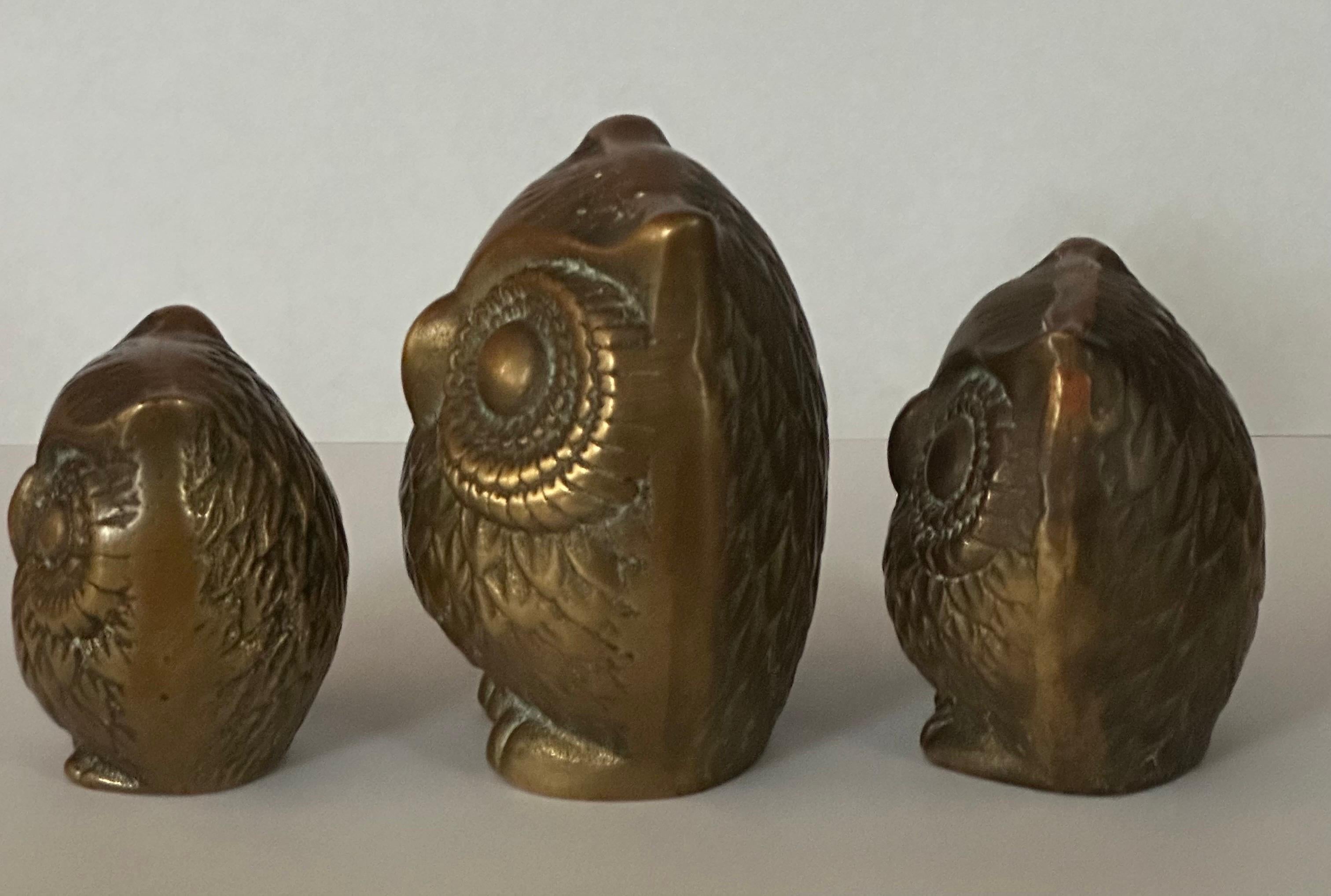 20th Century Set of Three MCM Brass Owl Sculptures