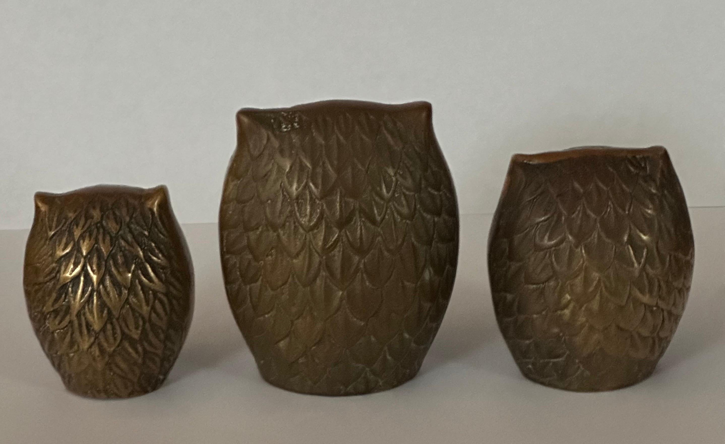 Set of Three MCM Brass Owl Sculptures 1