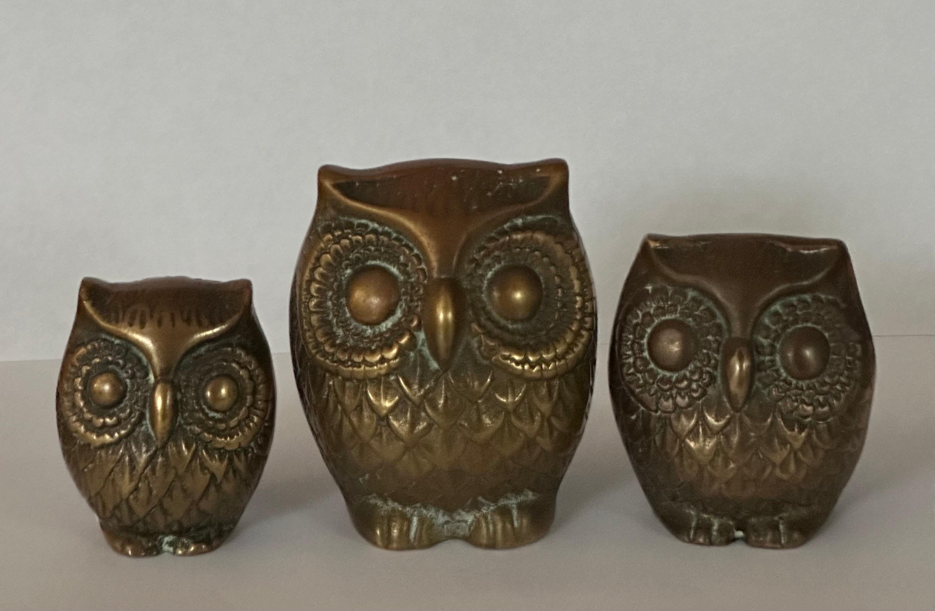 Set of Three MCM Brass Owl Sculptures 2