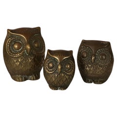 Set of Three MCM Brass Owl Sculptures