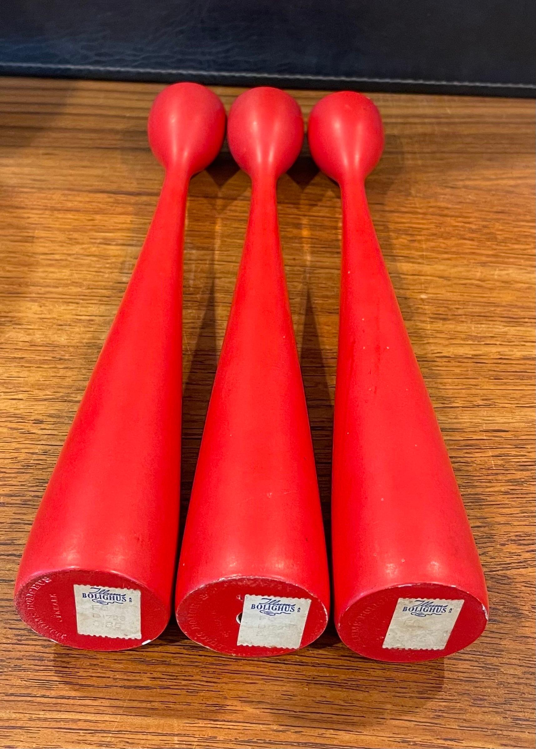 Set of Three MCM Red Hardwood Candlesticks by Illums Boulghus For Sale 9