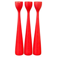 Set of Three MCM Red Hardwood Candlesticks by Illums Boulghus