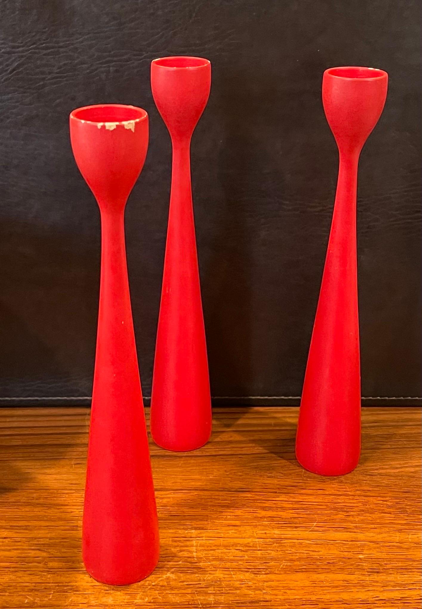 Mid-Century Modern Set of Three MCM Red Hardwood Candlesticks by Illums Boulghus For Sale