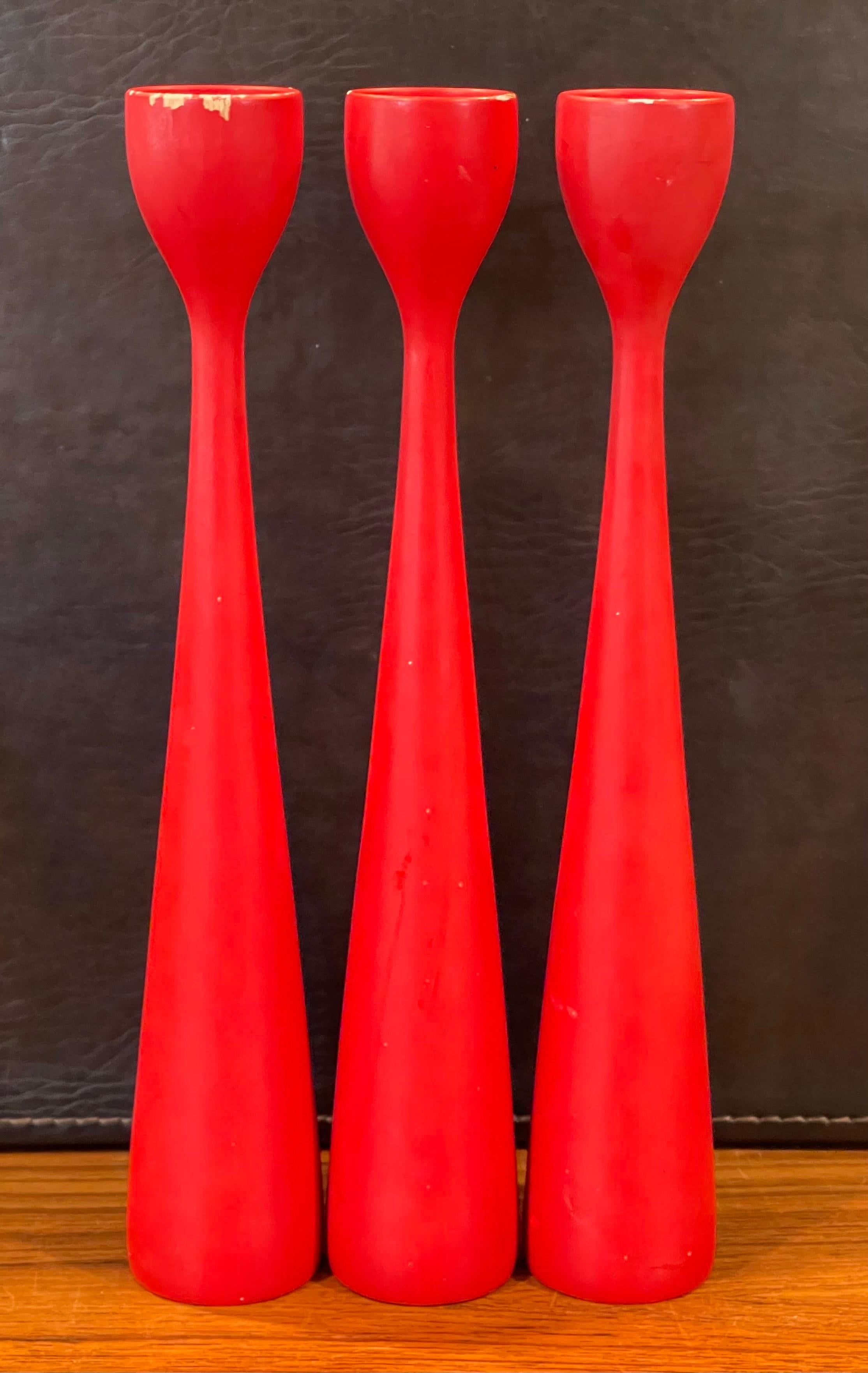 Wood Set of Three MCM Red Hardwood Candlesticks by Illums Boulghus For Sale