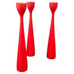 Set of Three MCM Red Hardwood Candlesticks by Illums Boulghus