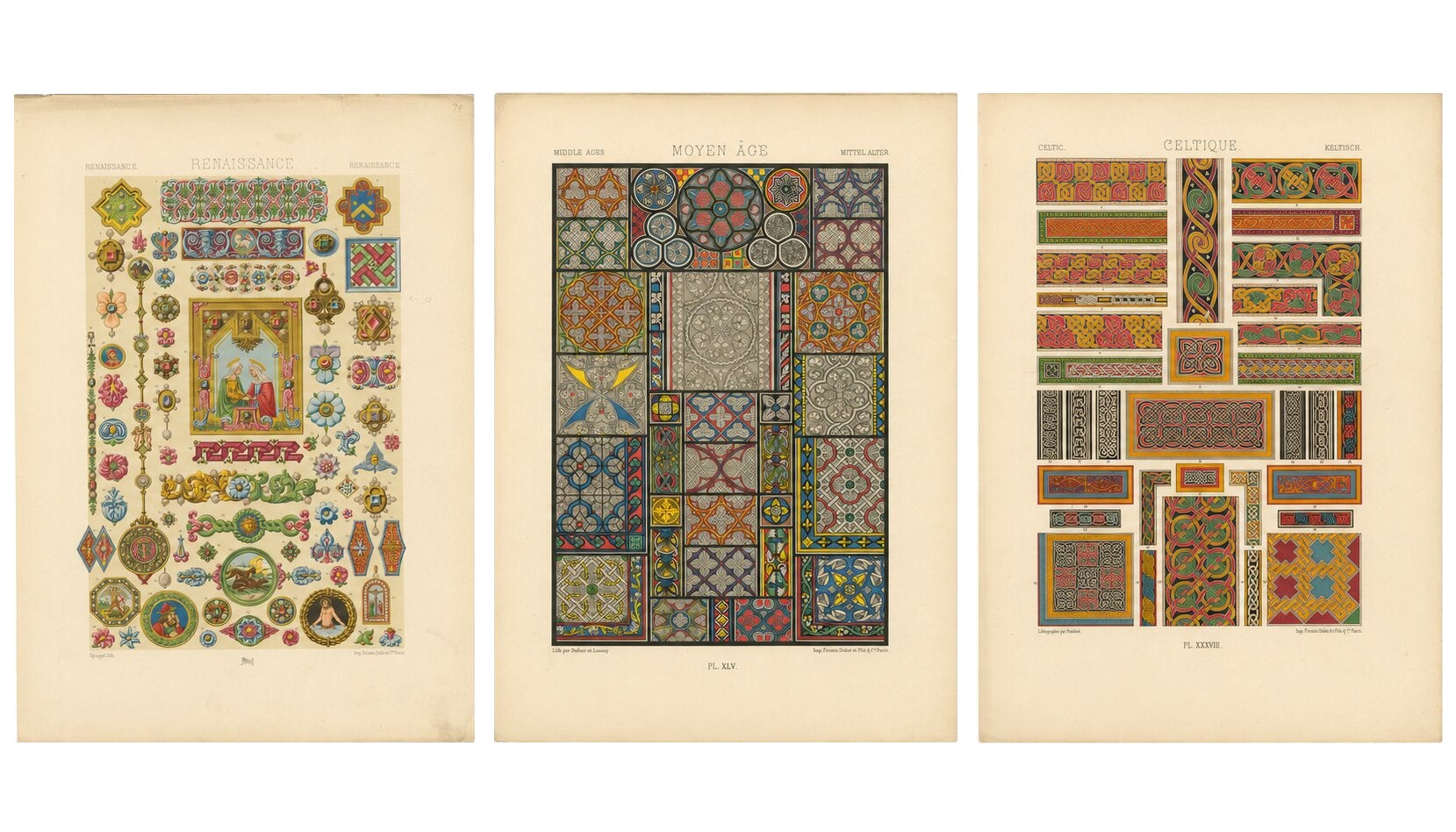 Set of Three Medieval, Celtic & Renaissance Ornament Chromolithographs, 1873
