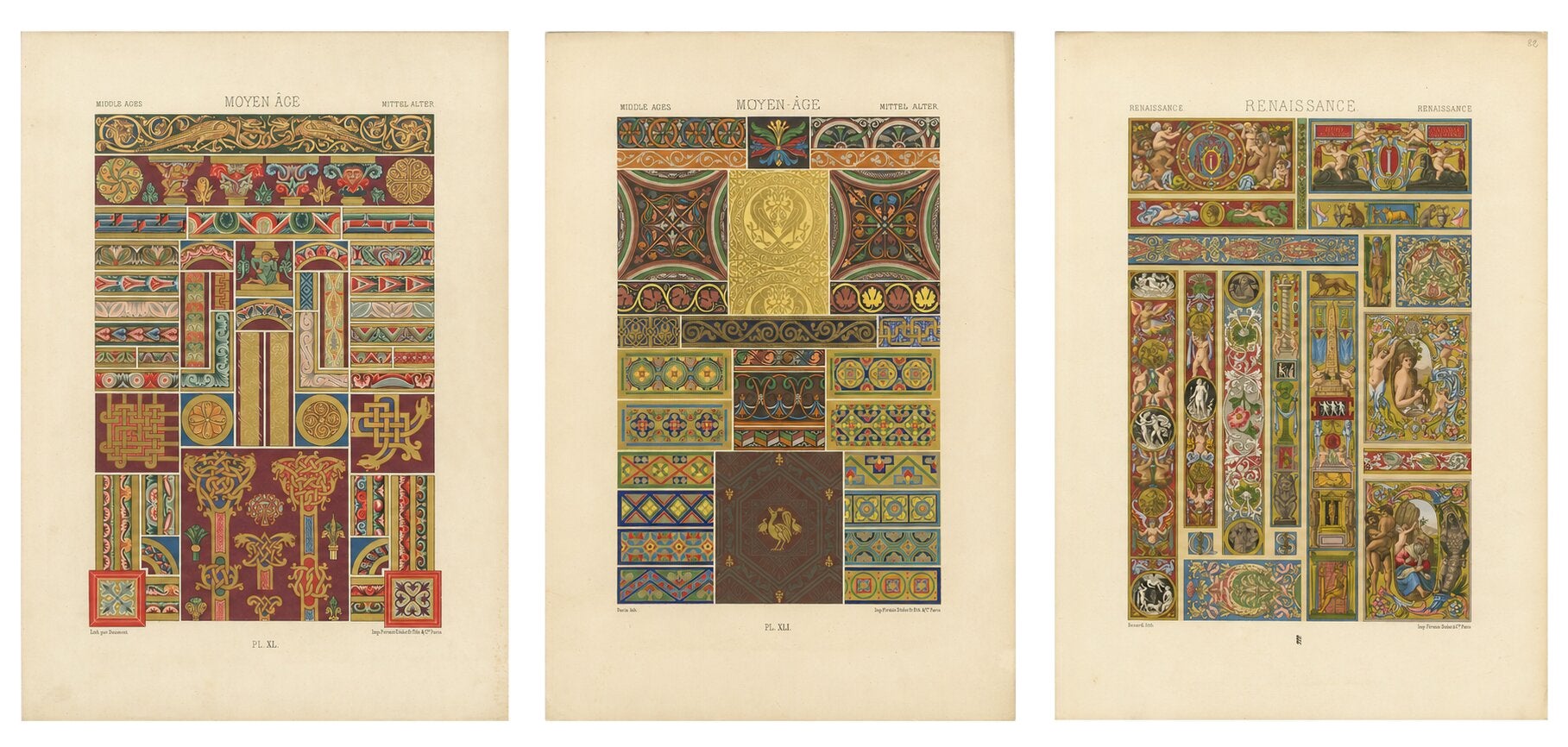 Set of Three Medieval & Renaissance Ornament Chromolithographs, c.1873