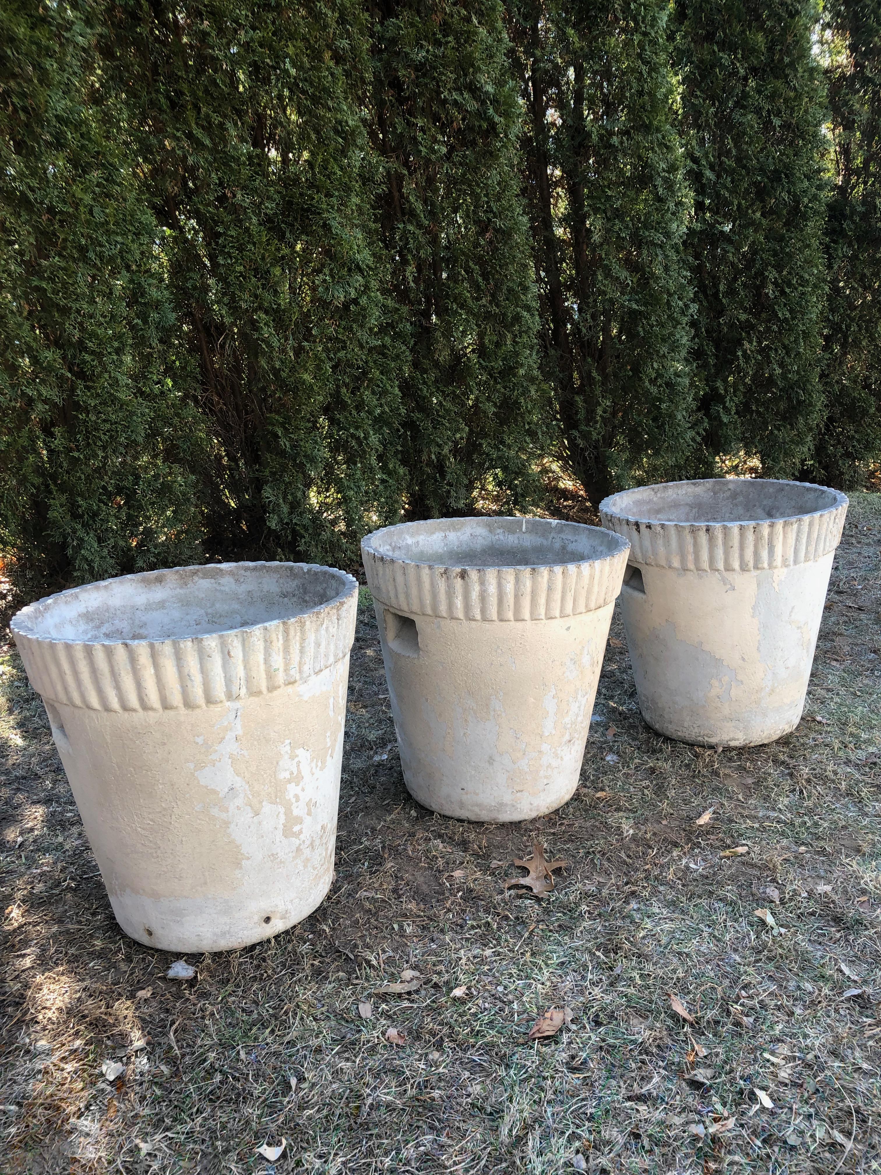 It is rare to find three of this form of flower pot planter, designed by Willy Guhl, and produced by Eternit, particularly when we have an identical form, but larger pair of these planters for sale (Stock # CPL 1153). In superb structural condition,