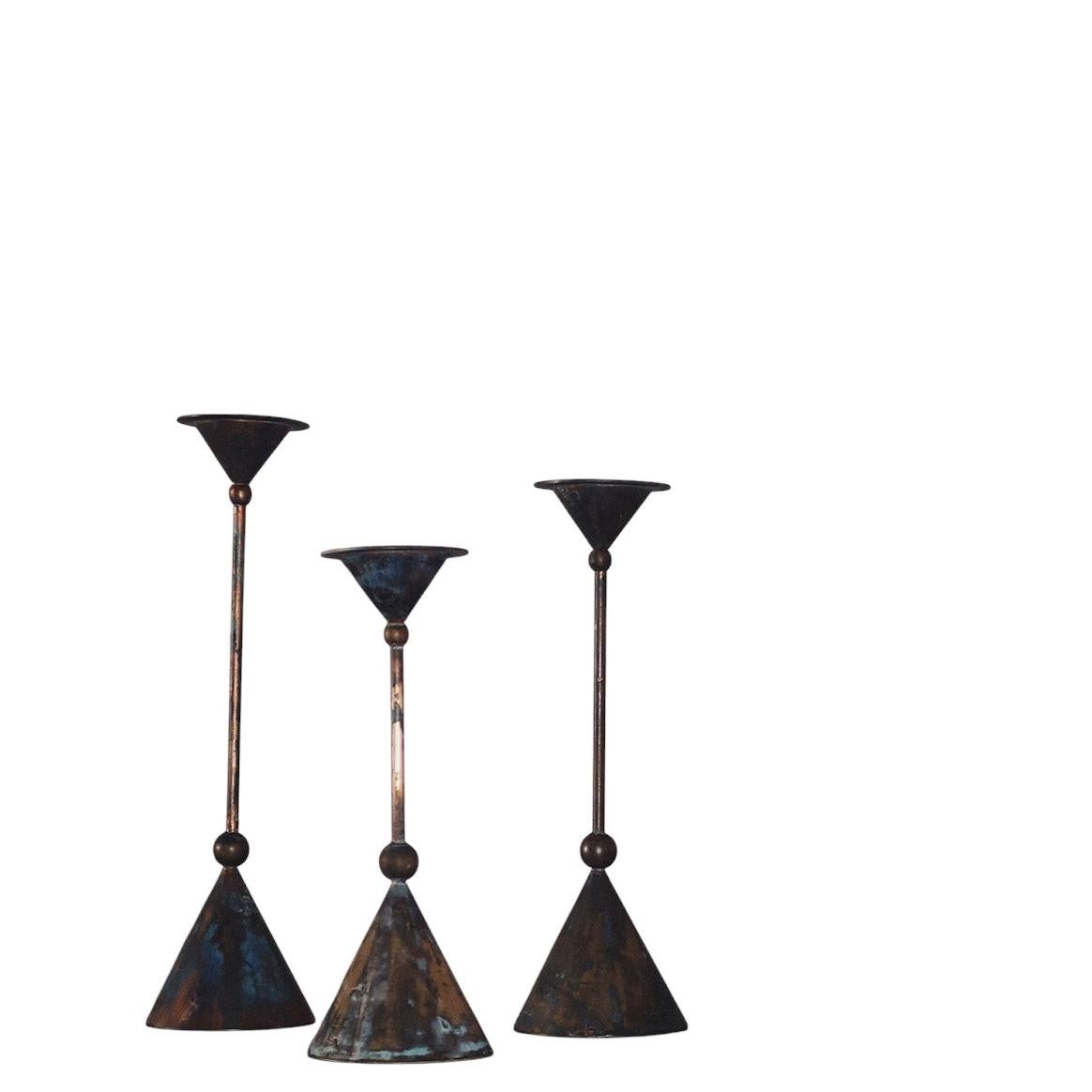 Set of Three Memphis Style Bronze Candlesticks by Christian de Beaumont