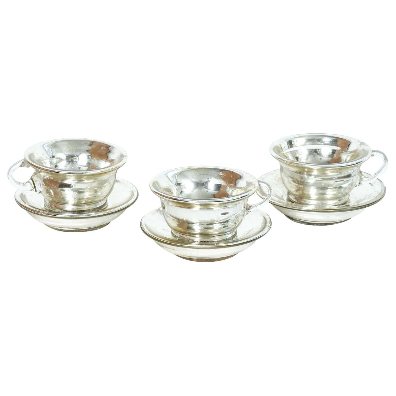 Set of Three Mercury Glass Cups And Saucers For Sale