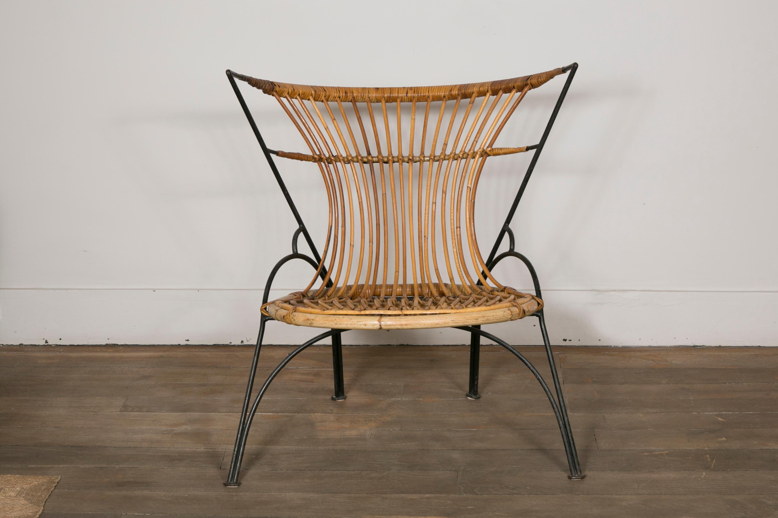 Mid-Century Modern Set of Three Metal and Wicker Slipper Chairs