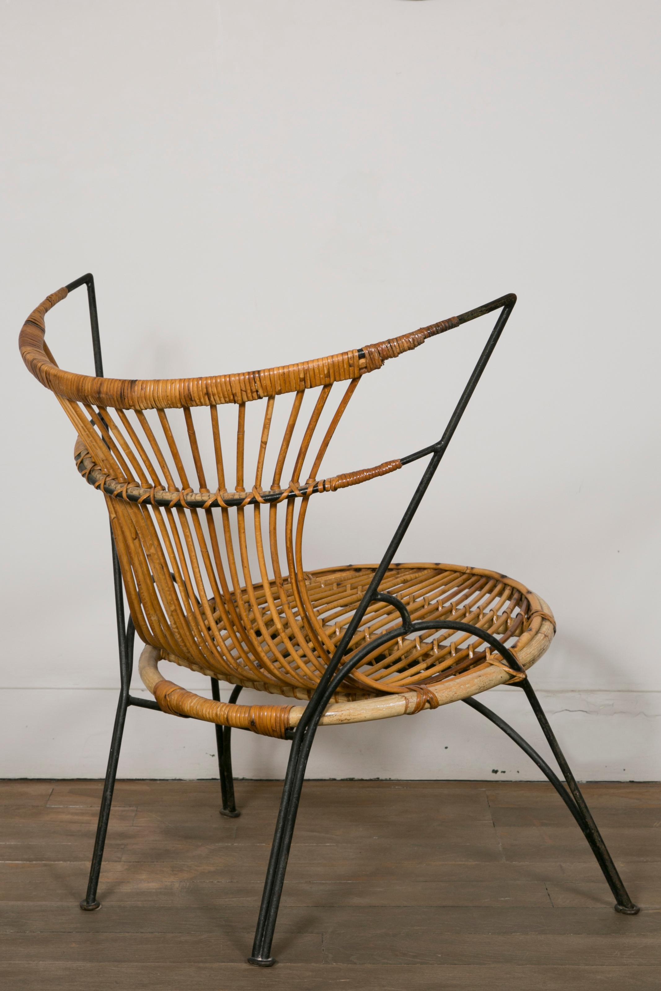 Mid-20th Century Set of Three Metal and Wicker Slipper Chairs