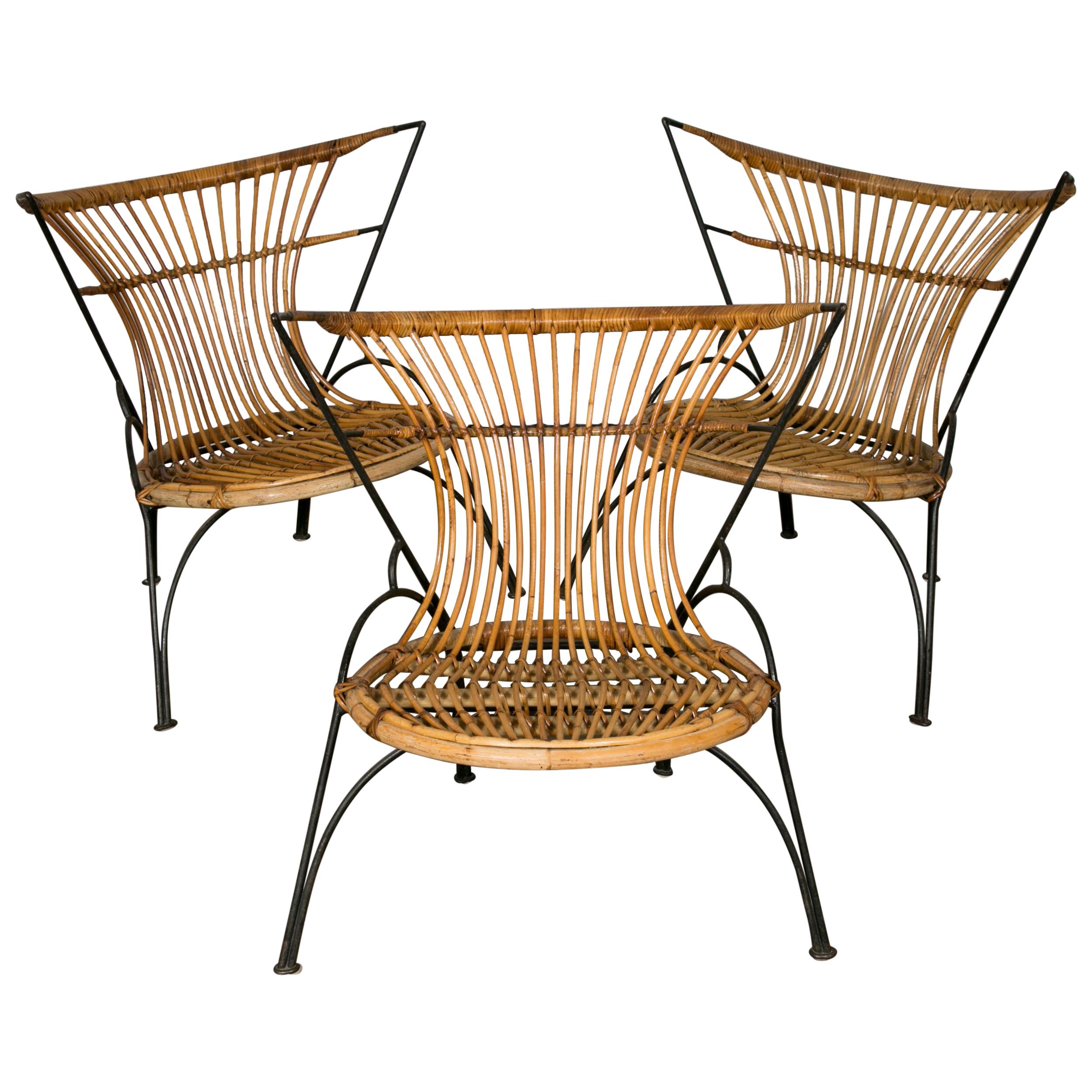 Set of Three Metal and Wicker Slipper Chairs