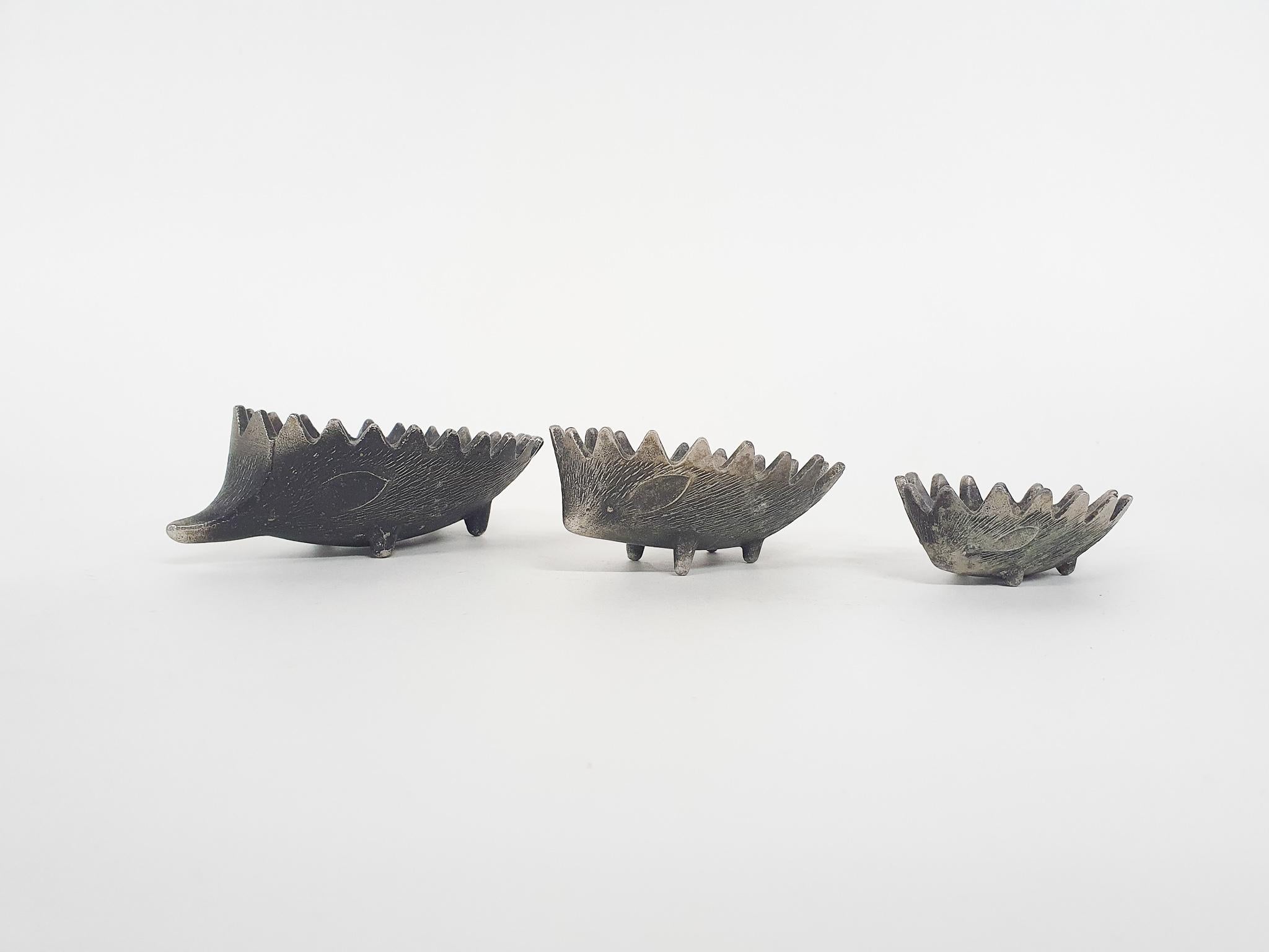 Mid-Century Modern Set of Three Metal Hegdehogs Ashtrays in the Style of Walter Bosse