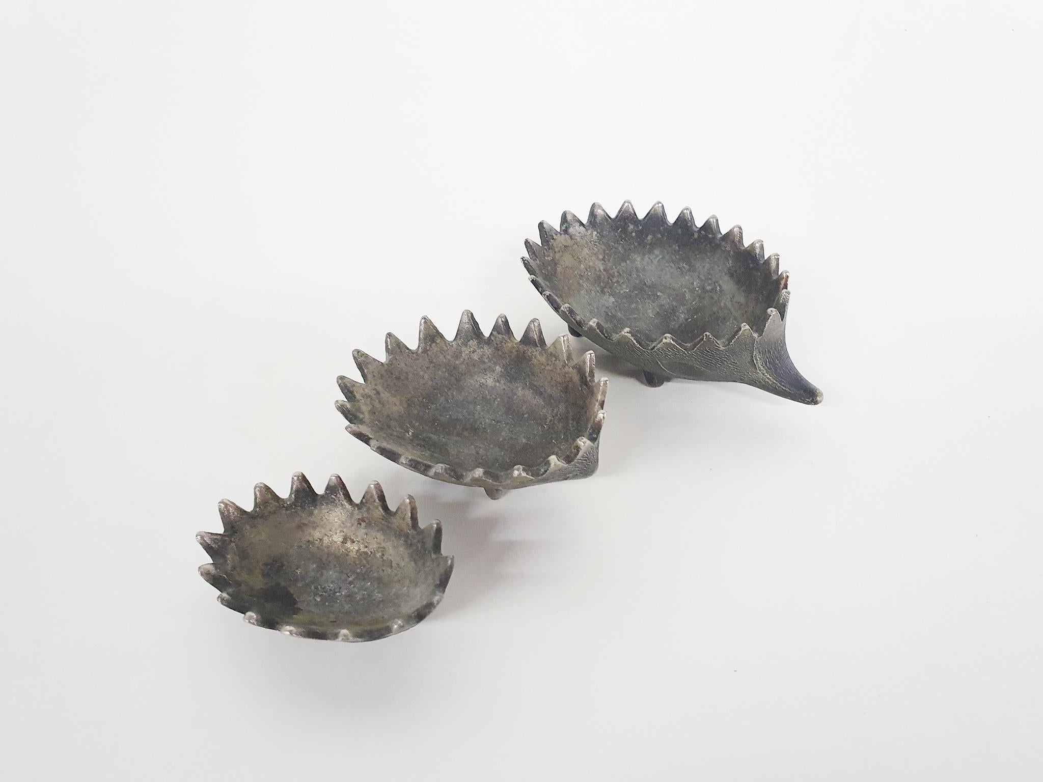 Austrian Set of Three Metal Hegdehogs Ashtrays in the Style of Walter Bosse
