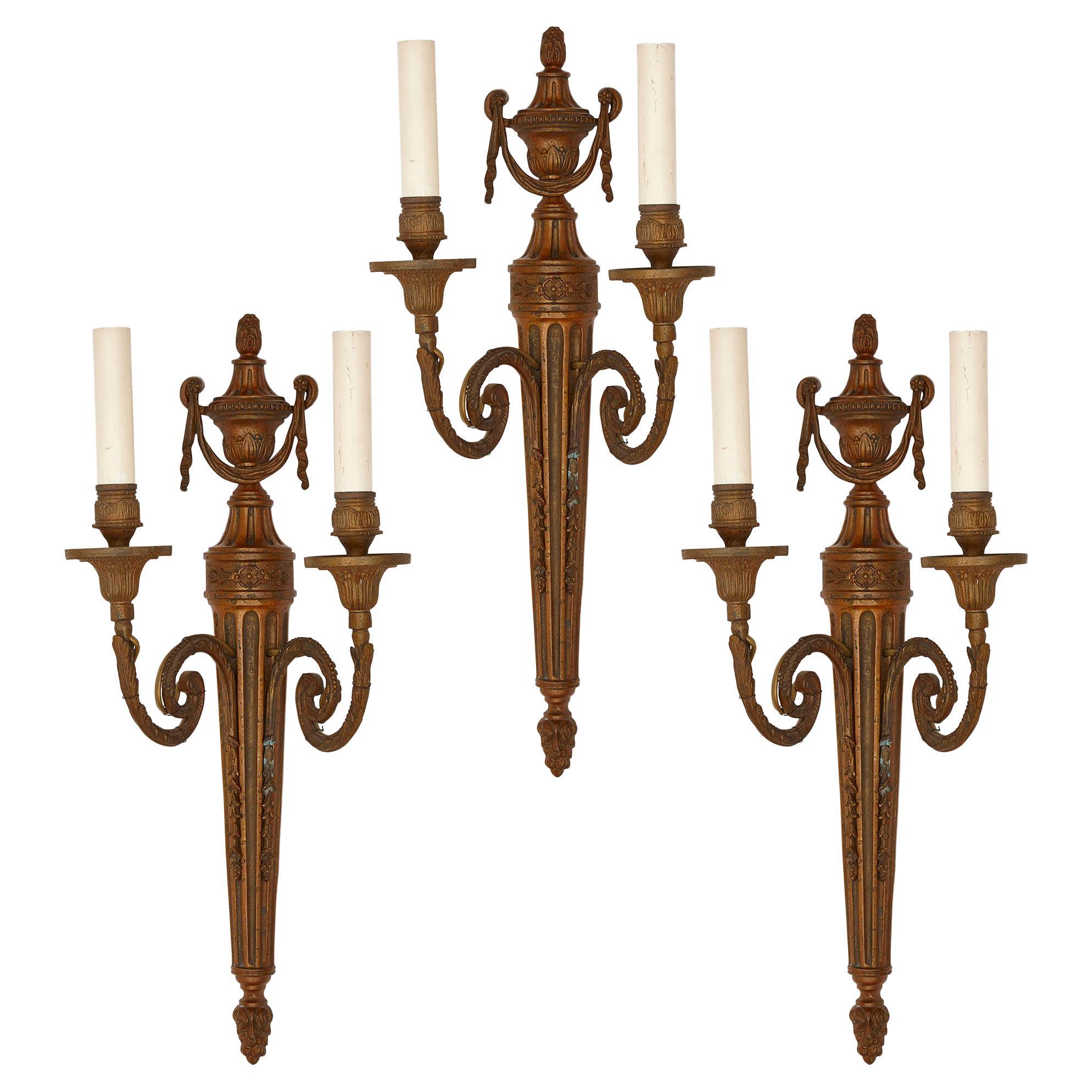Set of Three Metal Sconces in the Neoclassical Style For Sale
