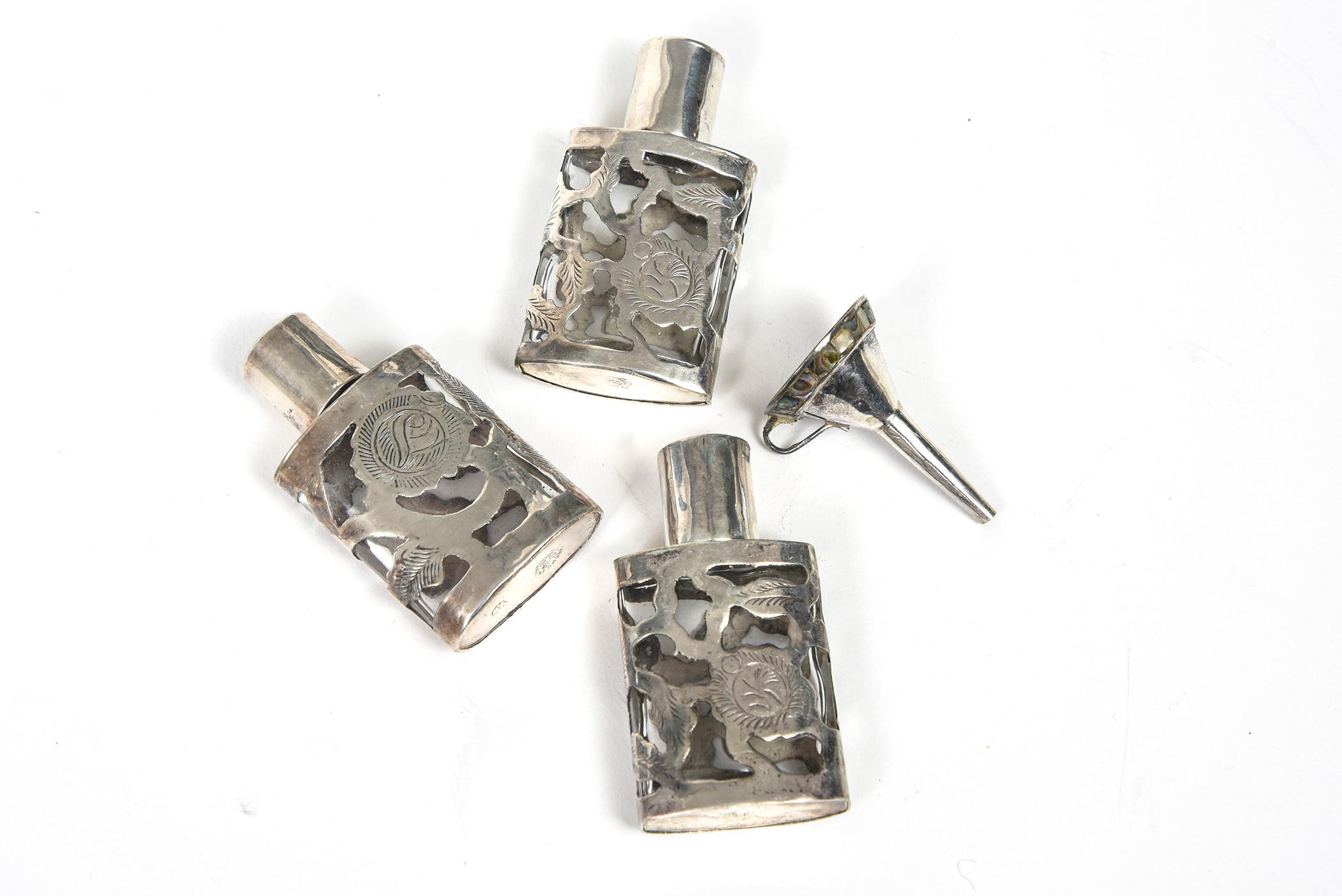 Set of Three Mexican Floral Sterling Silver Overlay Perfume Bottles with Funnel For Sale 5