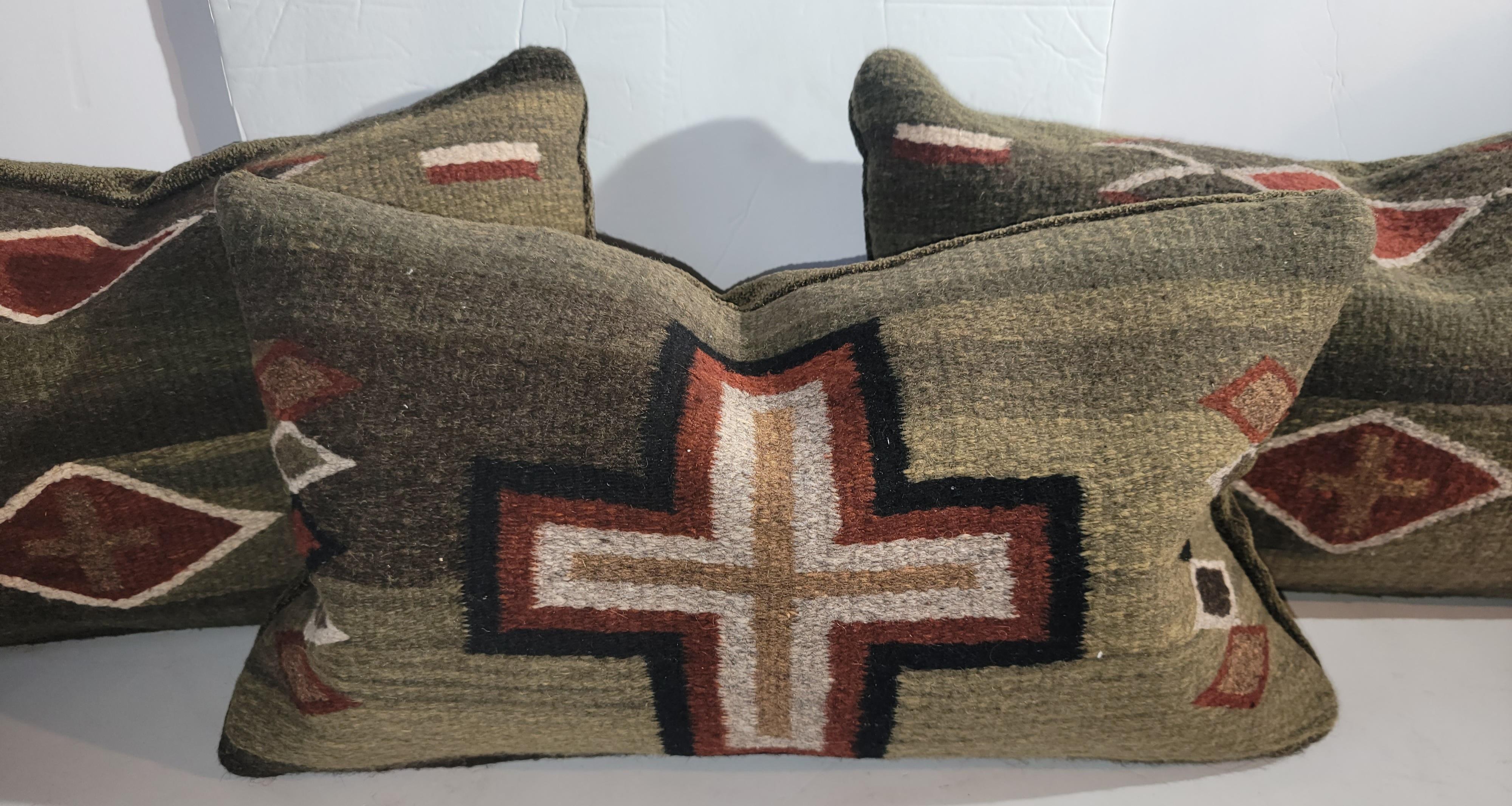 Pair of Mexican Indian weaving pillows. Olive, Off White, Greens, Rust colors.
Each pillow measures approx - 22 wide x 12 high
Great used vintage textiles made into pillows.