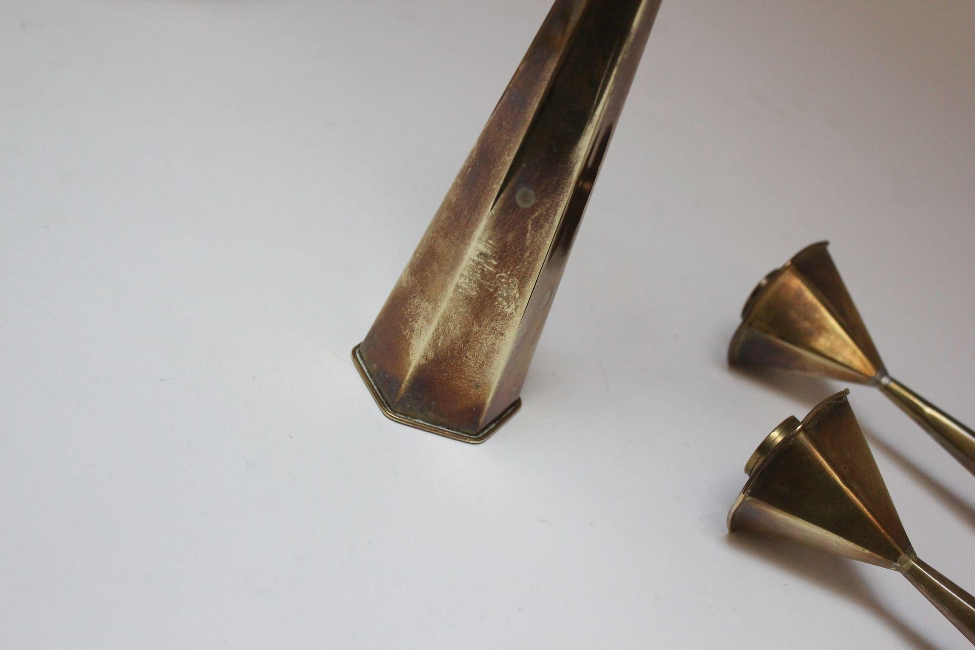 Set of Three Mexican Modernist Hexagonal-Form Brass Candlesticks 7