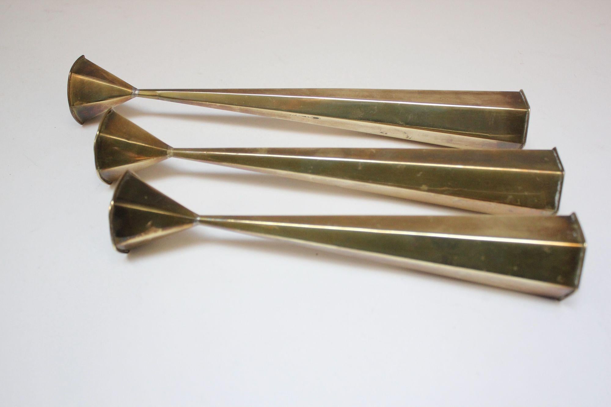 Mid-Century Modern Set of Three Mexican Modernist Hexagonal-Form Brass Candlesticks