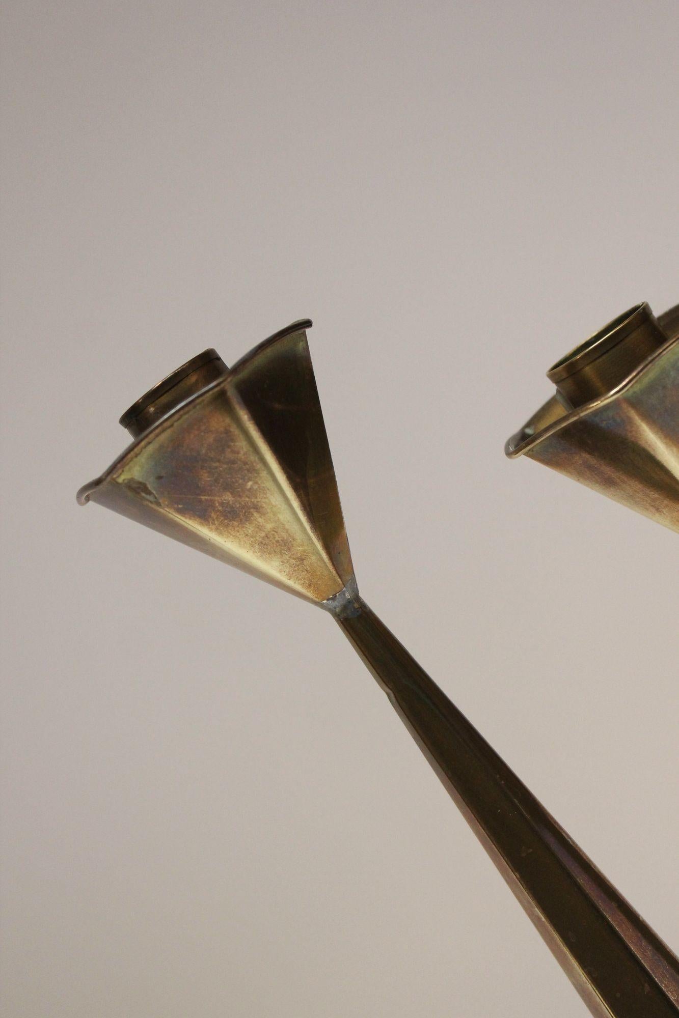 Late 20th Century Set of Three Mexican Modernist Hexagonal-Form Brass Candlesticks