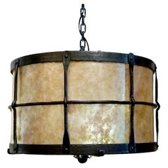 Set of Three Mica Texas Lightsmith Retro Drum Wrought Iron Pendants