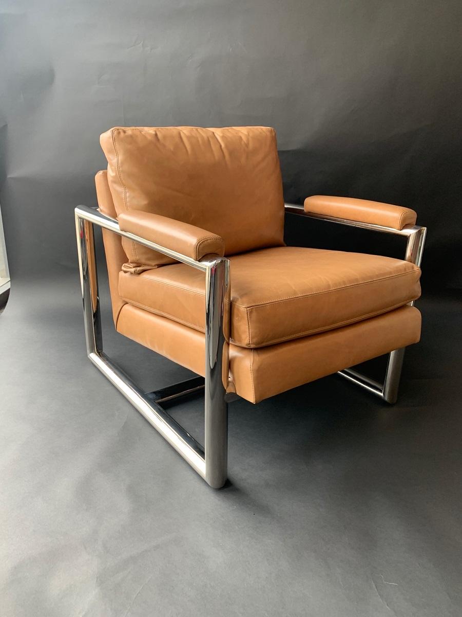 Set of Three Mitchell Gold + Bob Williams Chrome Armchairs with metal and leather. U.S.A. Late 20th Century.