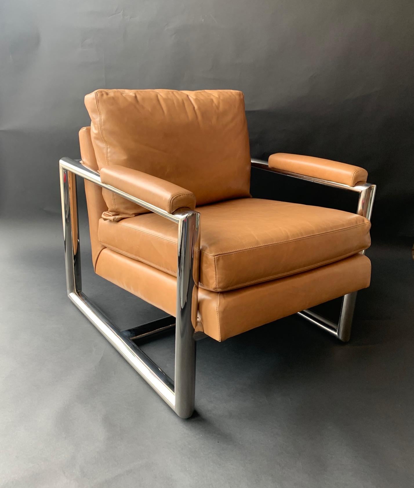 Leather Set of Three Mitchell Gold + Bob Williams Chrome Armchairs