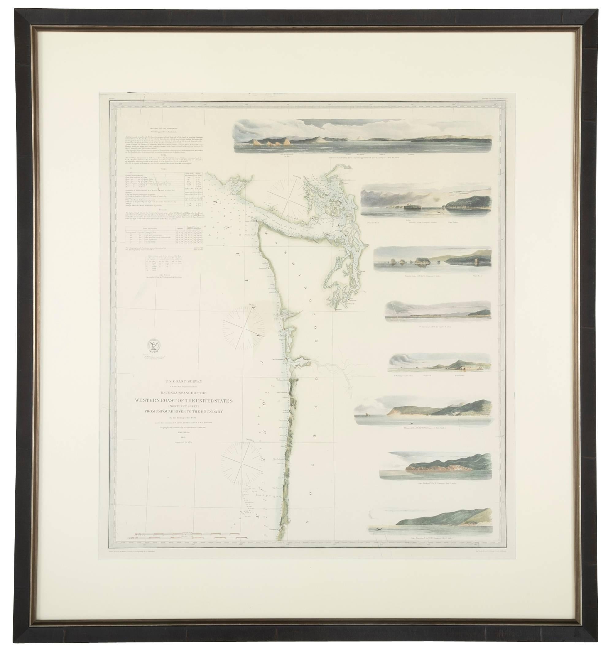 Set of three mid-19th century maritime charts of the California coast from the famous U.S. Coast Survey project. Included are San Diego to San Francisco, San Francisco to the Umpquah River (Oregon) and Umpquah River to the Boundary (Vancouver). The