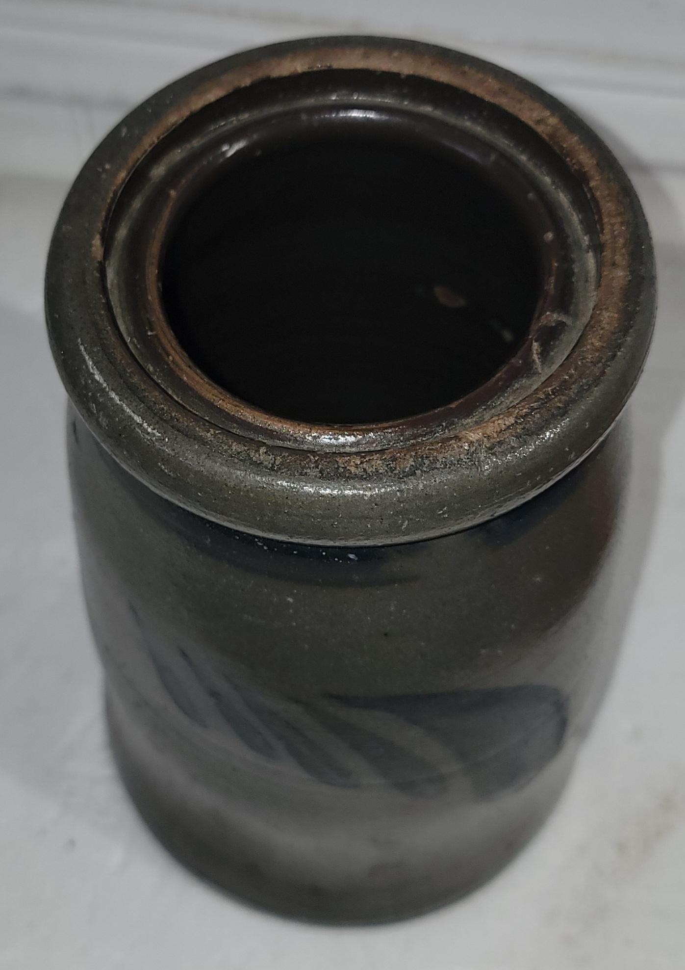 Largest jar-
6 diameter x 10 high
Medium jar -
5.5 diameter x 8.5high
small jar - 
4.25 x 8.5

set of three 19thc decorated storage jars. Great wear and age. wonderful patina. 