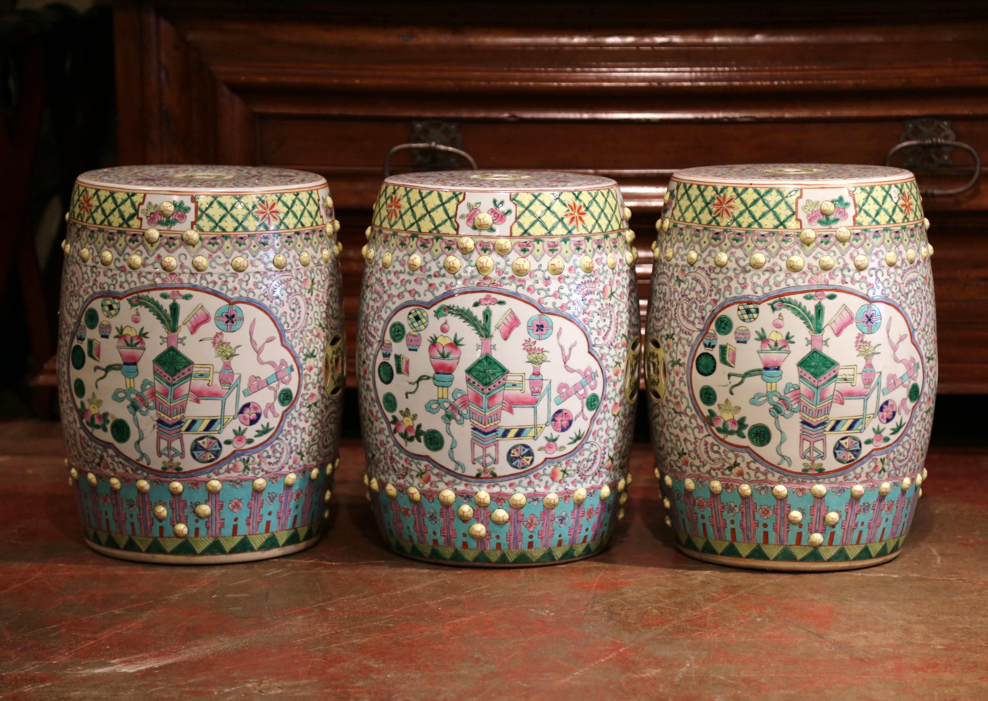 Hand-Painted Set of Three Mid-20th Century Chinese Famille Rose Porcelain Garden Seats