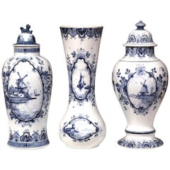 Set of Three Mid-20th Century Dutch Blue and White Delft Ginger Jars and Vase